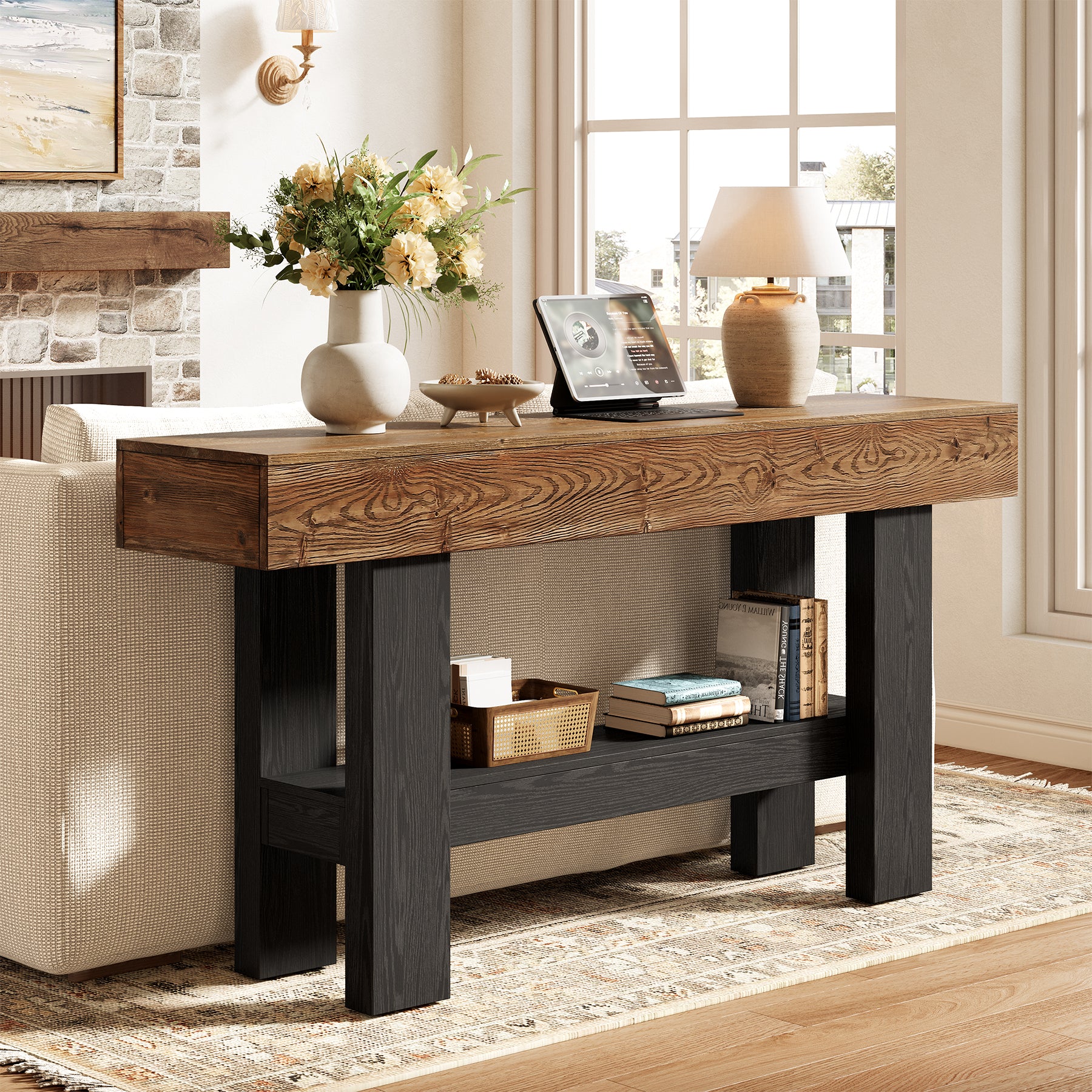 63" Solid Wood Console Table, Narrow Sofa Table with Storage Shelf - Image 4