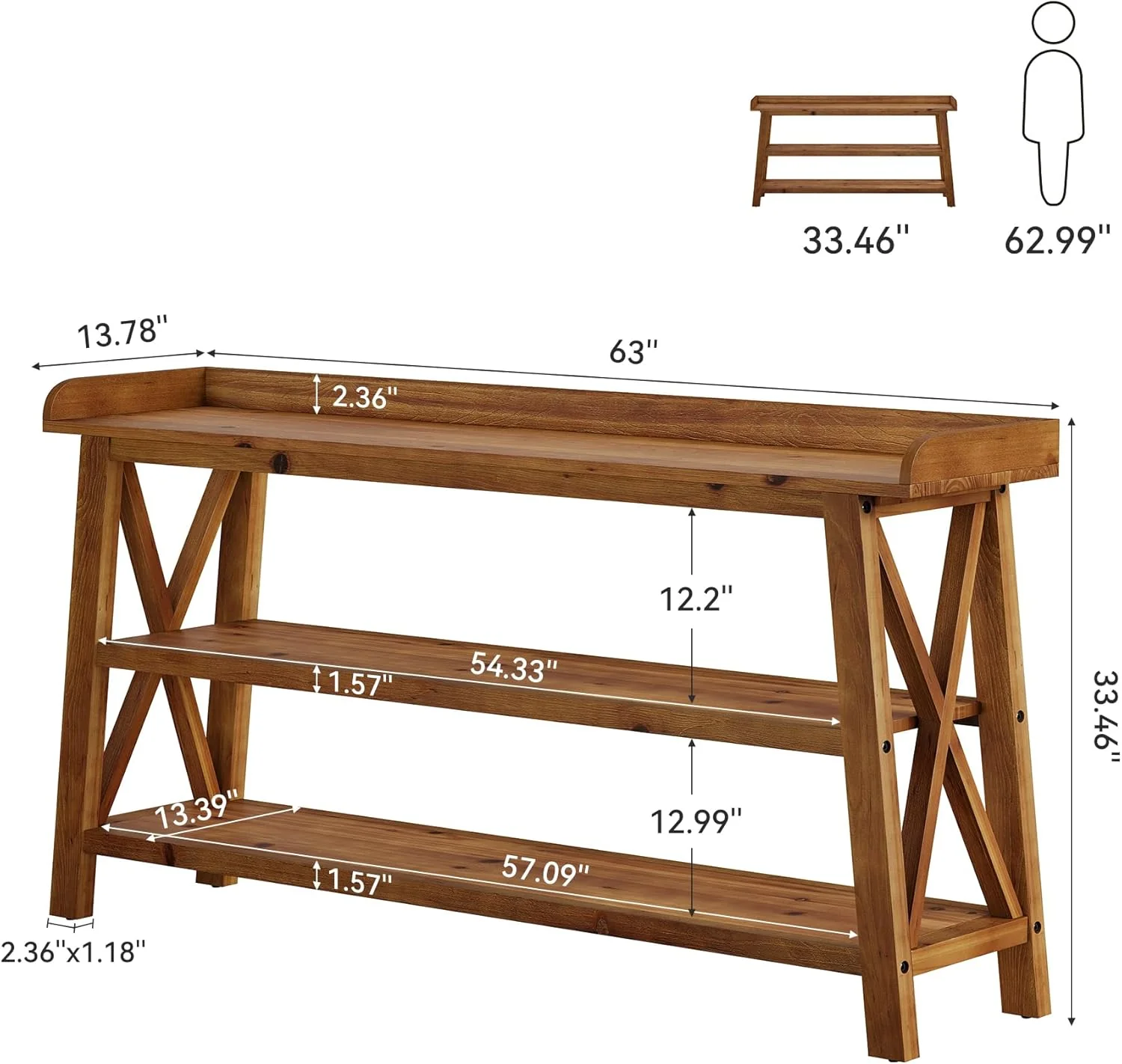63” Solid Wood Console Table with 3-Tier Shelves, Farmhouse Sofa Table - Image 2