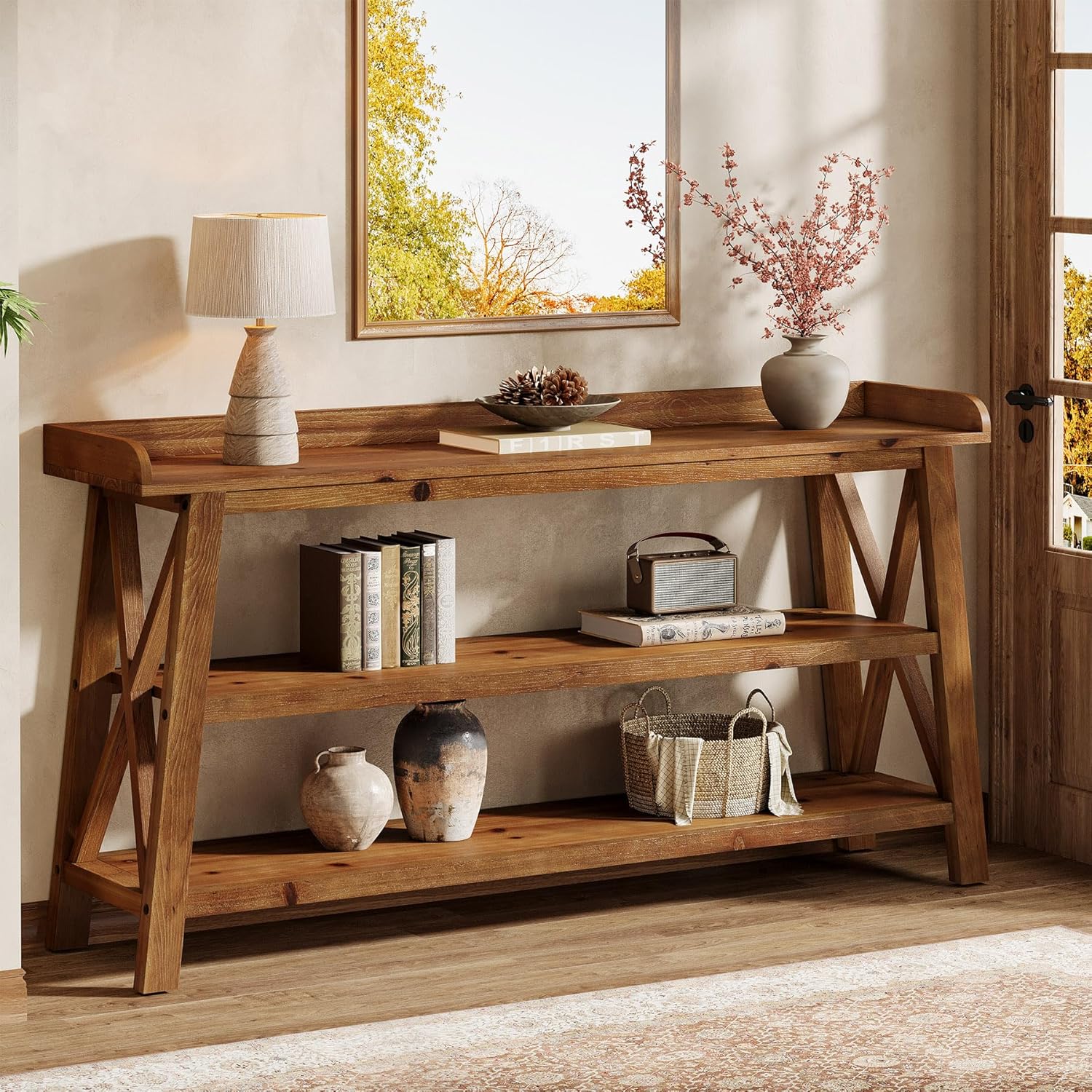 63” Solid Wood Console Table with 3-Tier Shelves, Farmhouse Sofa Table - Image 3