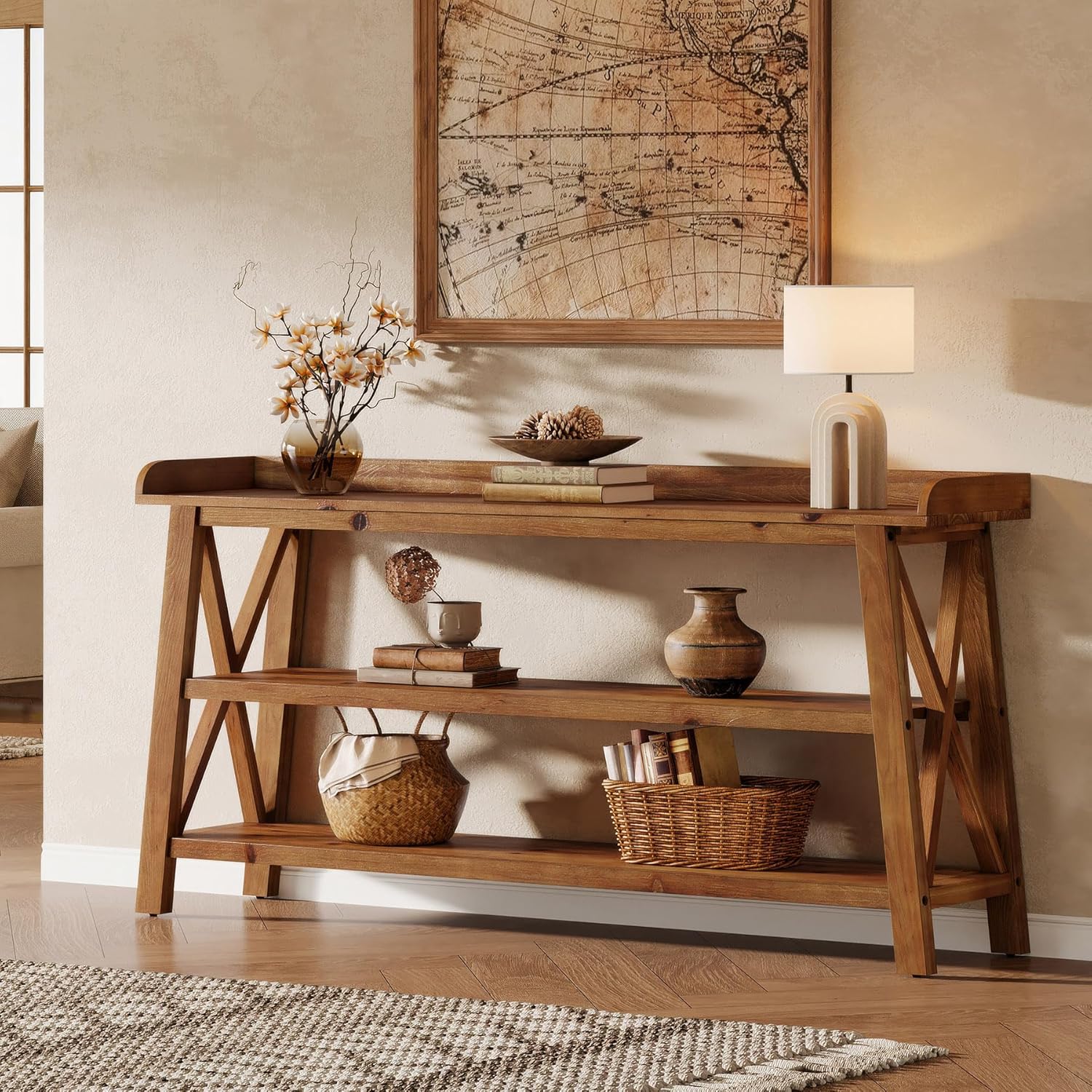 63” Solid Wood Console Table with 3-Tier Shelves, Farmhouse Sofa Table - Image 4