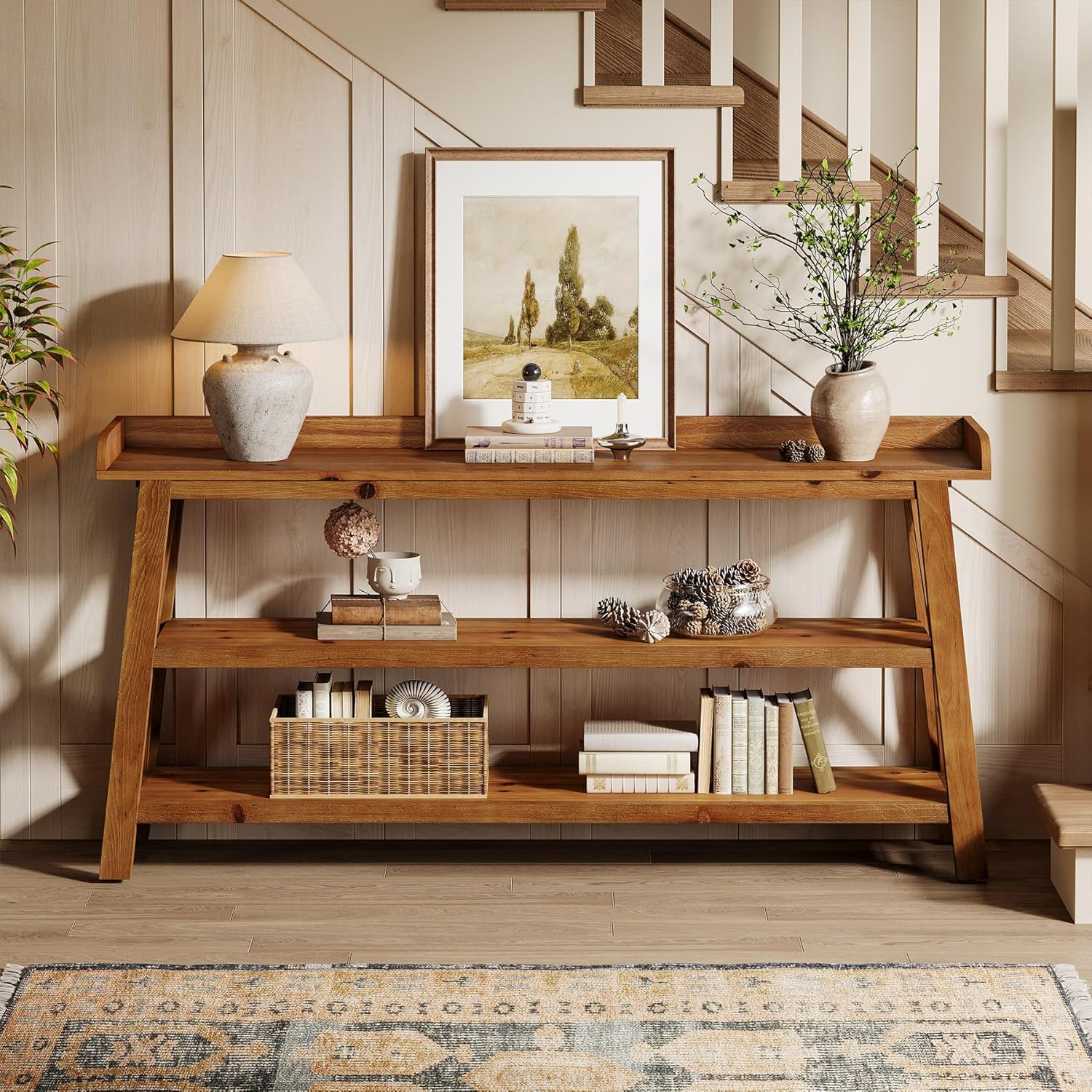 63” Solid Wood Console Table with 3-Tier Shelves, Farmhouse Sofa Table - Image 5