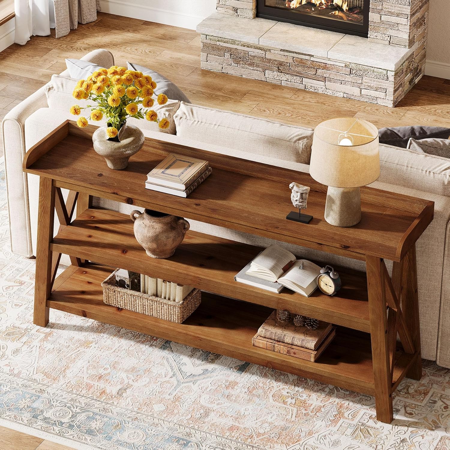 63” Solid Wood Console Table with 3-Tier Shelves, Farmhouse Sofa Table - Image 6