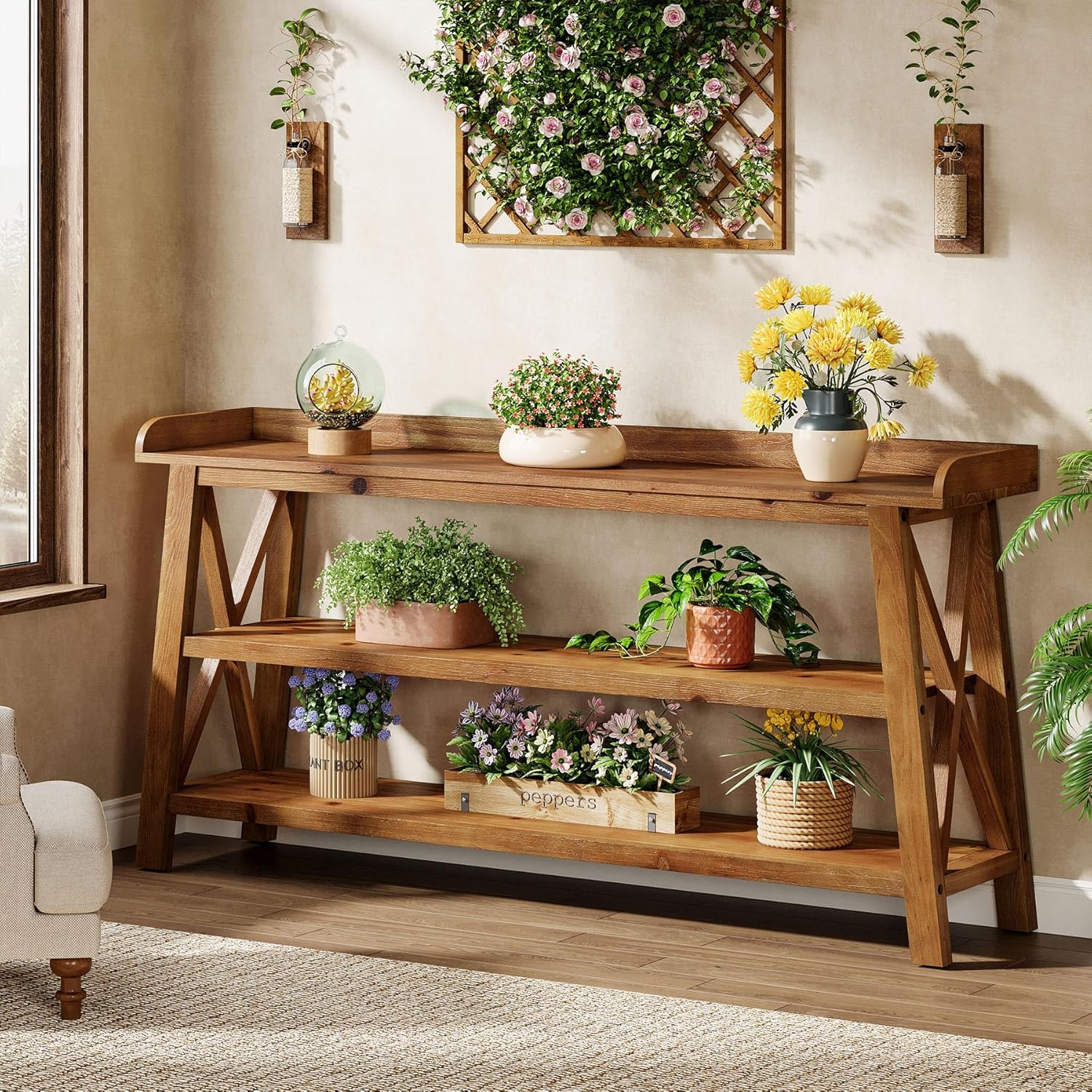 63” Solid Wood Console Table with 3-Tier Shelves, Farmhouse Sofa Table - Image 7