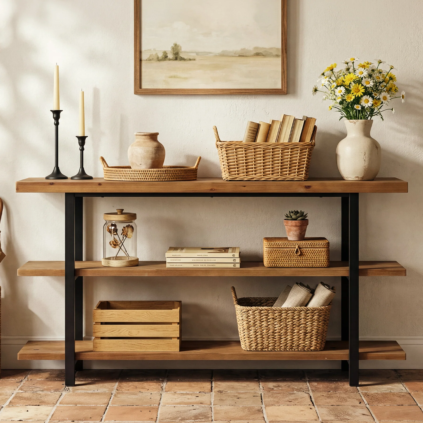 63" Solid Wood Console Table with 3-Tier Storage, Farmhouse Entryway Sofa Table with Metal Frame