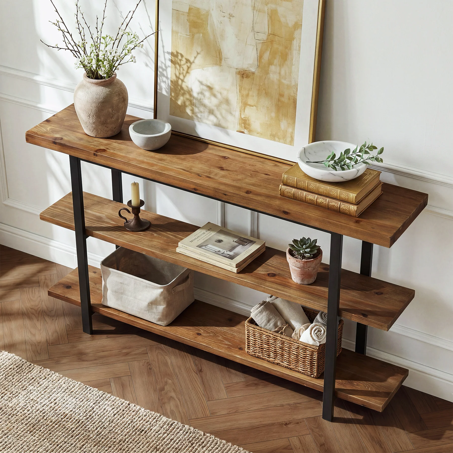 63" Solid Wood Console Table with 3-Tier Storage, Farmhouse Entryway Sofa Table with Metal Frame - Image 4