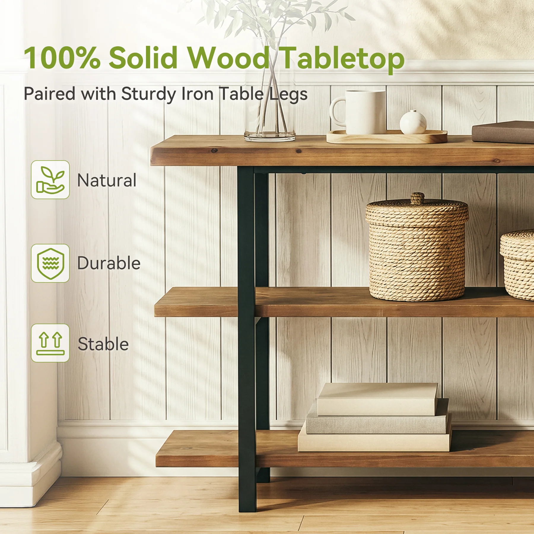 63" Solid Wood Console Table with 3-Tier Storage, Farmhouse Entryway Sofa Table with Metal Frame - Image 5