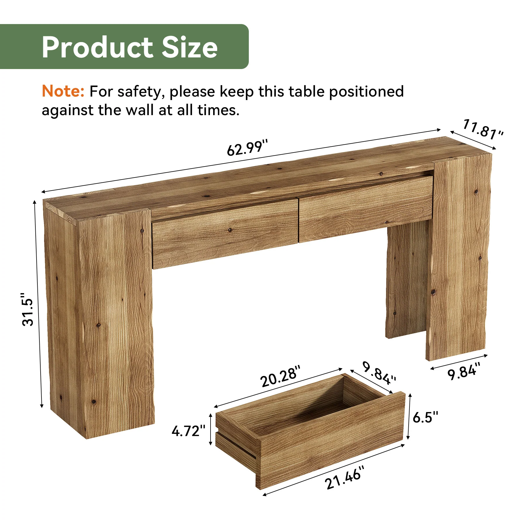 63" Solid Wood Console Table with Drawers, Narrow Entryway Sofa Table for Hallway & Living Room - Image 2