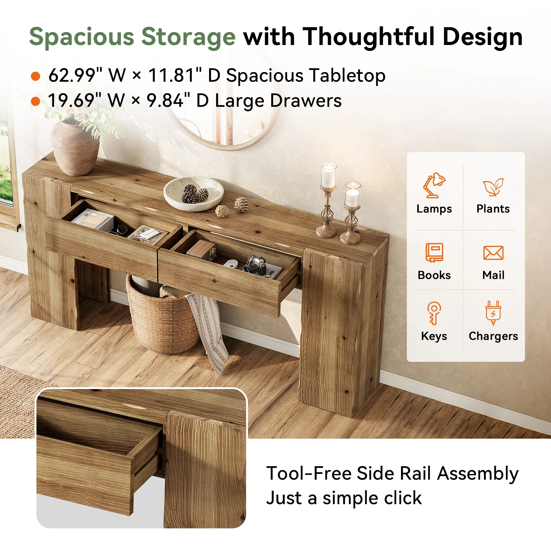 63" Solid Wood Console Table with Drawers, Narrow Entryway Sofa Table for Hallway & Living Room - Image 6