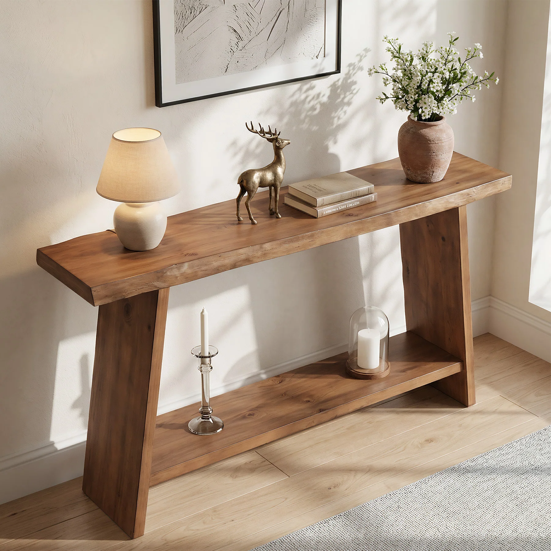 63" Solid Wood Console Table with Shelf, Farmhouse Narrow Entryway & Sofa Table - Image 5