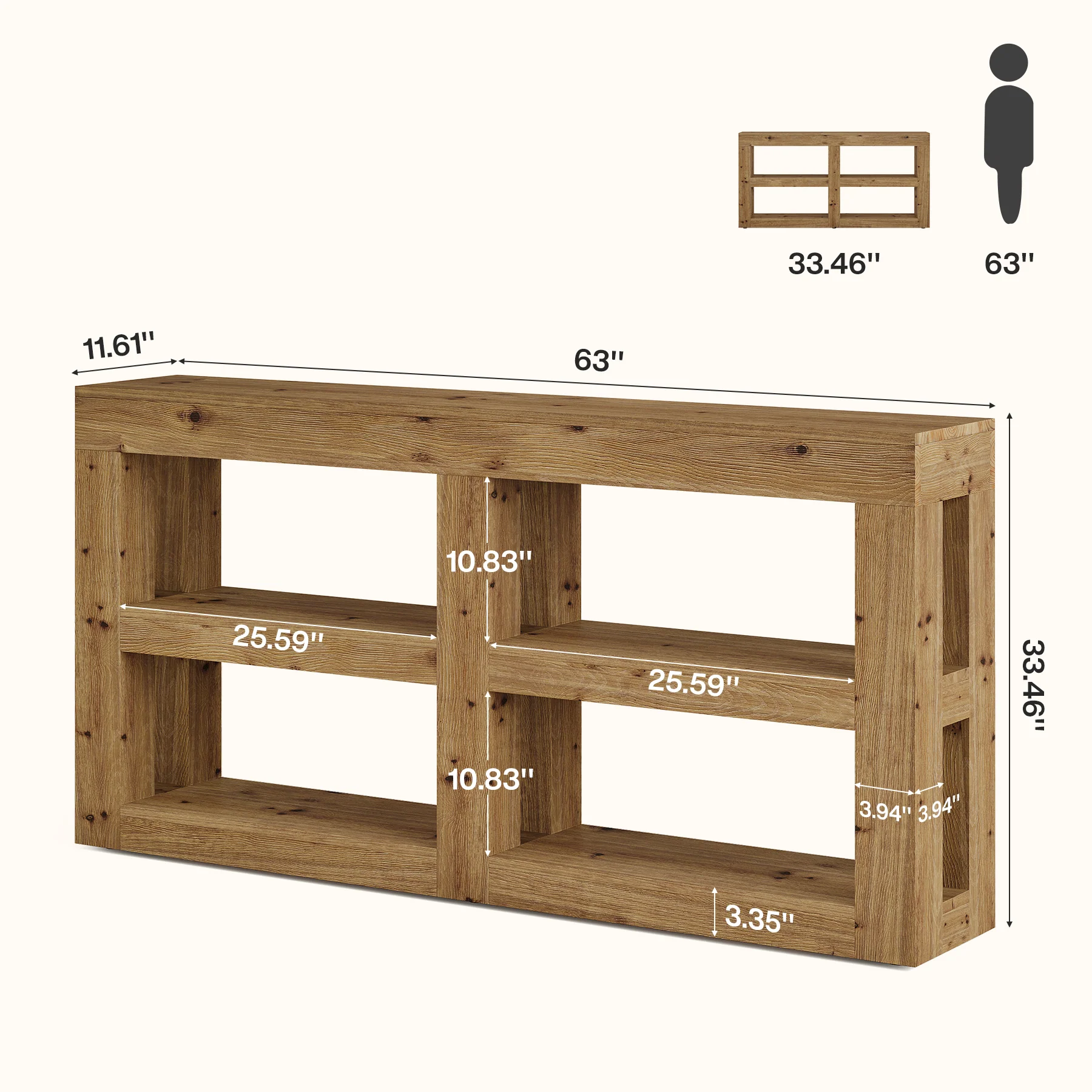 63" Solid Wood Console Table with Storage, 3-Tier Farmhouse Entryway & Sofa Table with Open Shelves - Image 2