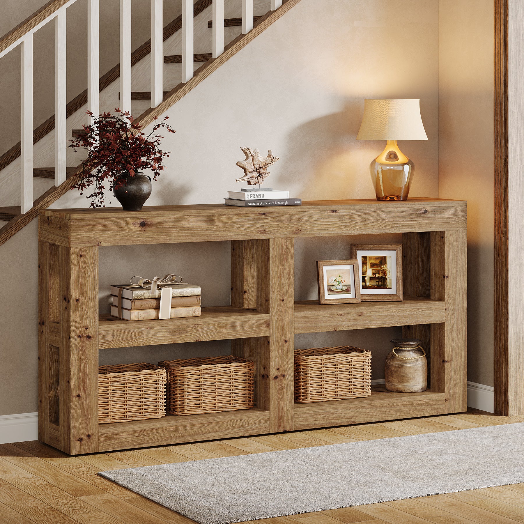 63" Solid Wood Console Table with Storage, 3-Tier Farmhouse Entryway & Sofa Table with Open Shelves - Image 3