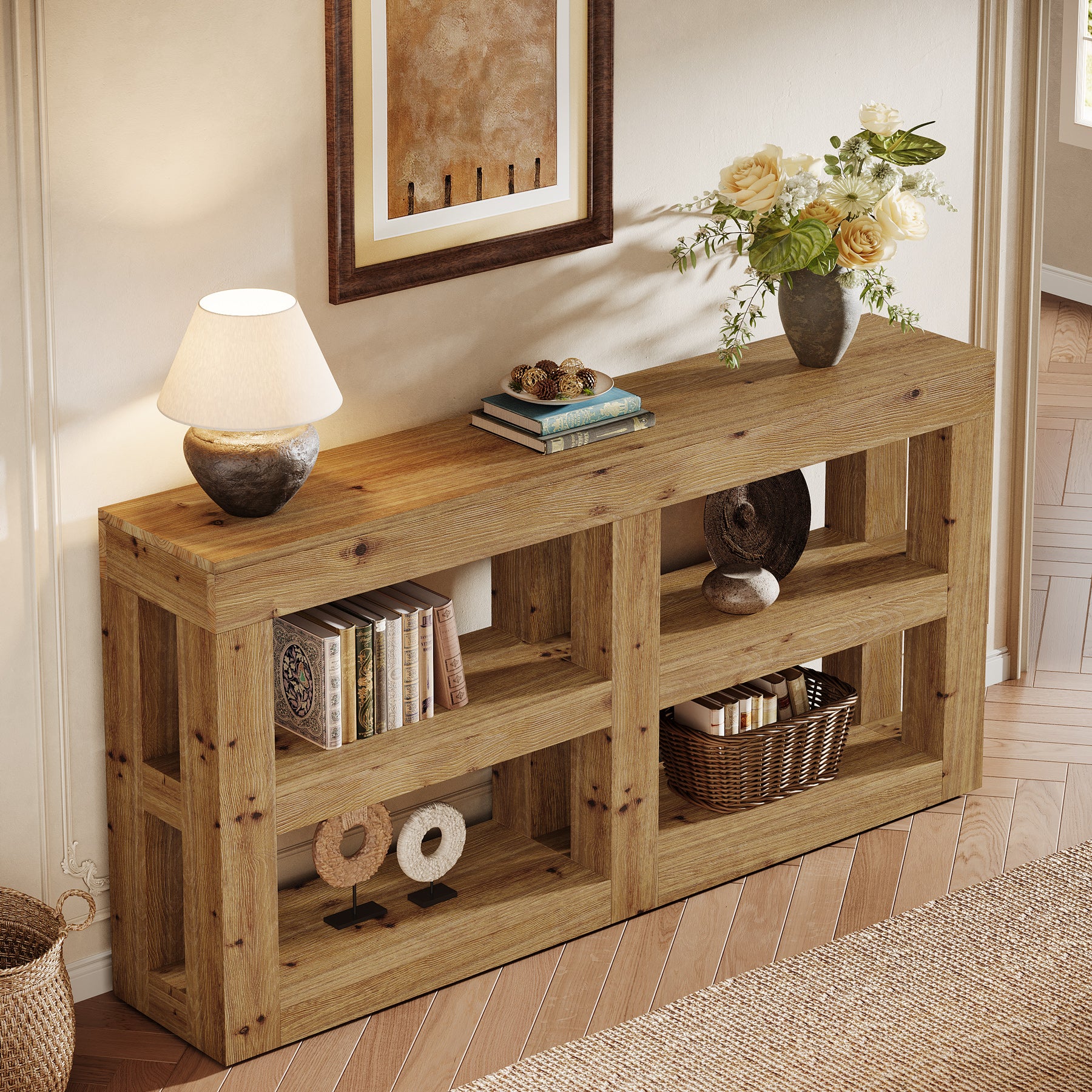 63" Solid Wood Console Table with Storage, 3-Tier Farmhouse Entryway & Sofa Table with Open Shelves - Image 4