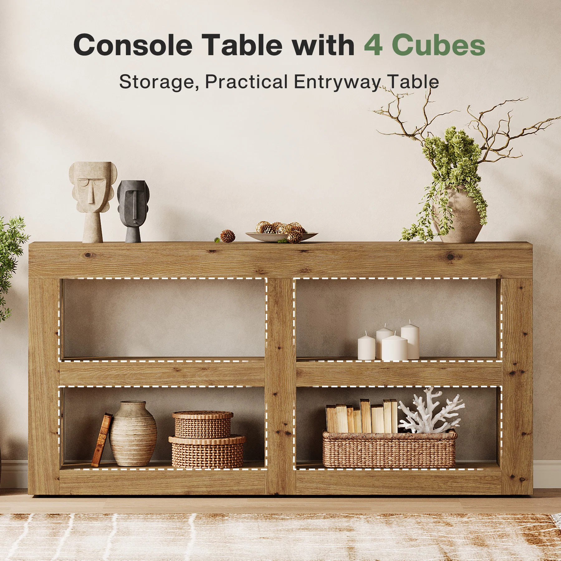 63" Solid Wood Console Table with Storage, 3-Tier Farmhouse Entryway & Sofa Table with Open Shelves - Image 6