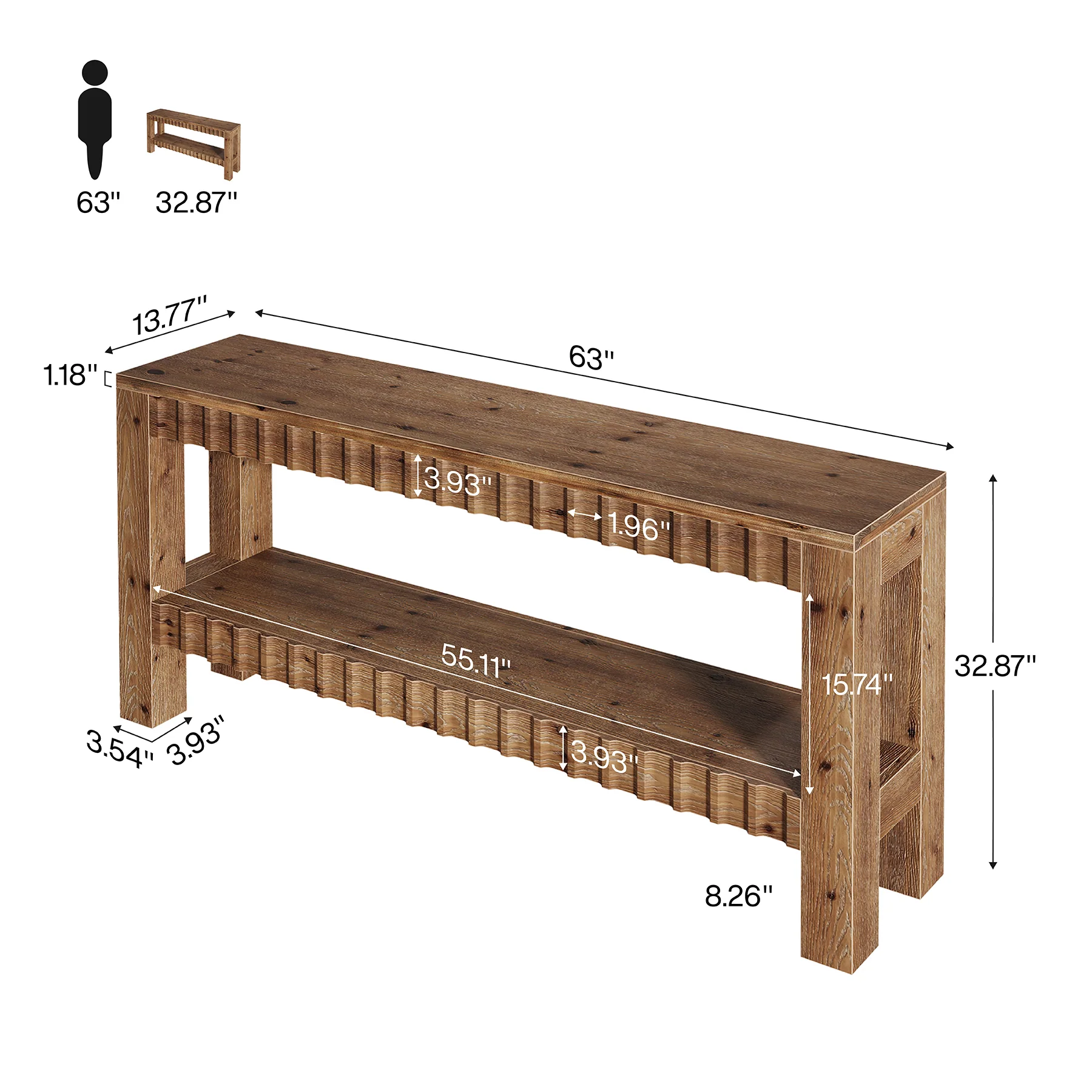 63" Solid Wood Console Table with Storage, Farmhouse Narrow Sofa & Entryway Table with 2-Tier Shelf - Image 2