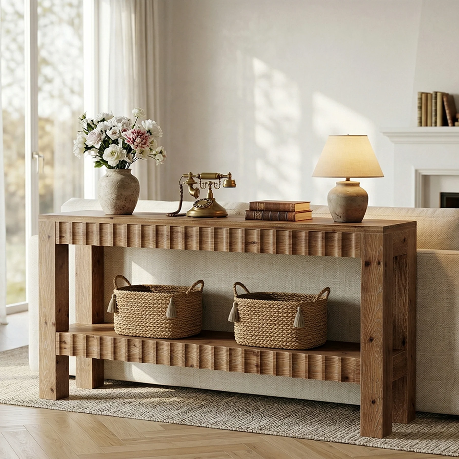 63" Solid Wood Console Table with Storage, Farmhouse Narrow Sofa & Entryway Table with 2-Tier Shelf - Image 3