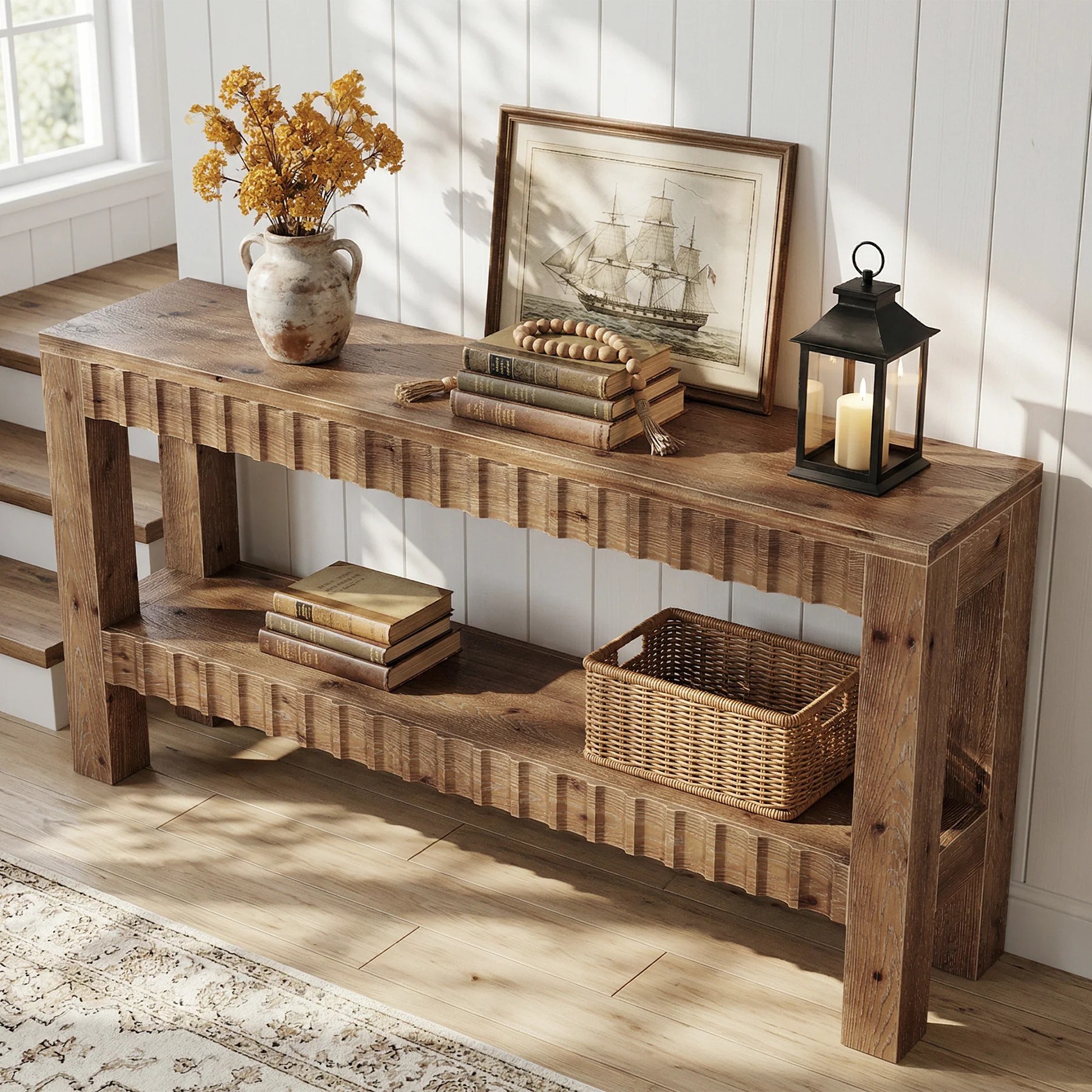 63" Solid Wood Console Table with Storage, Farmhouse Narrow Sofa & Entryway Table with 2-Tier Shelf - Image 5