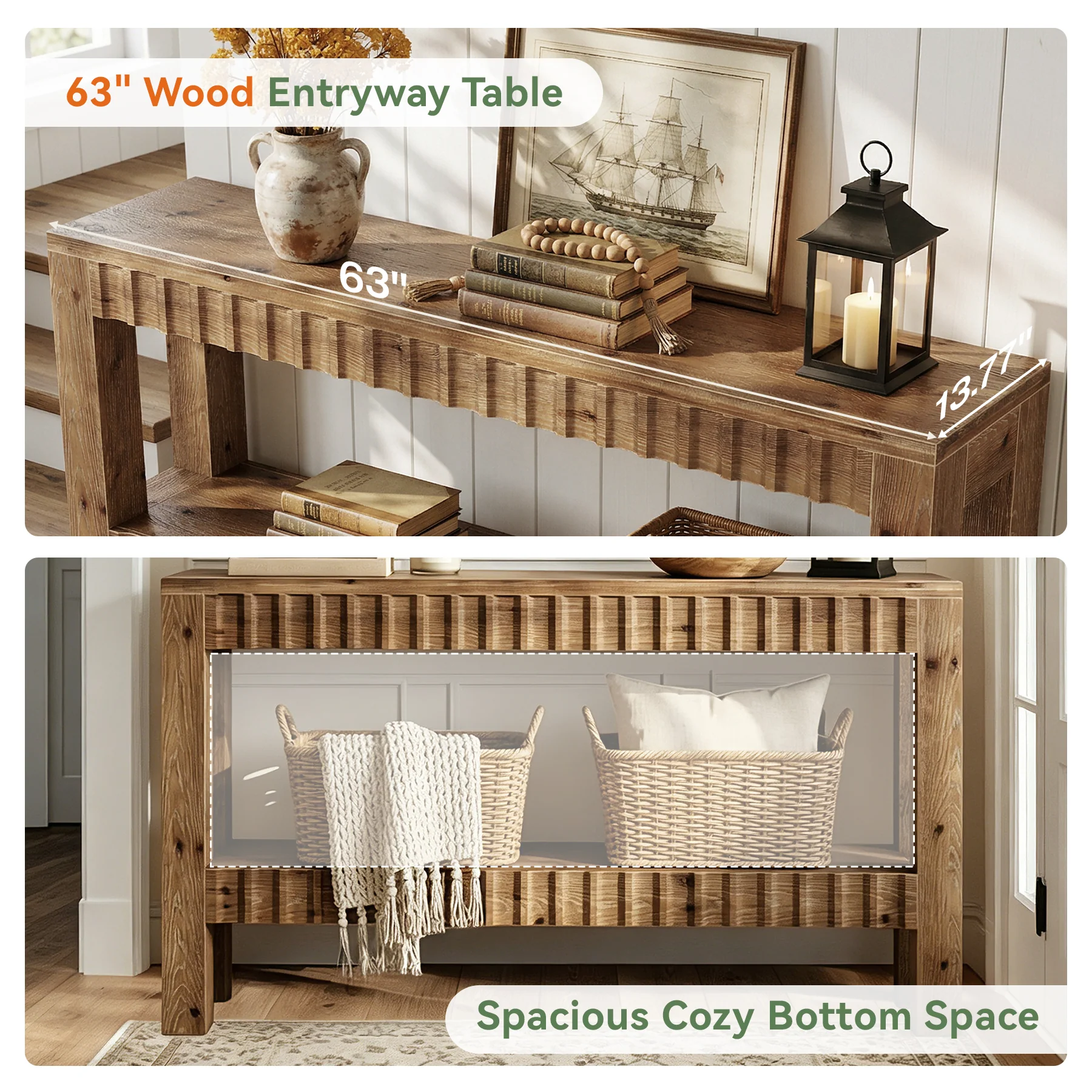 63" Solid Wood Console Table with Storage, Farmhouse Narrow Sofa & Entryway Table with 2-Tier Shelf - Image 6