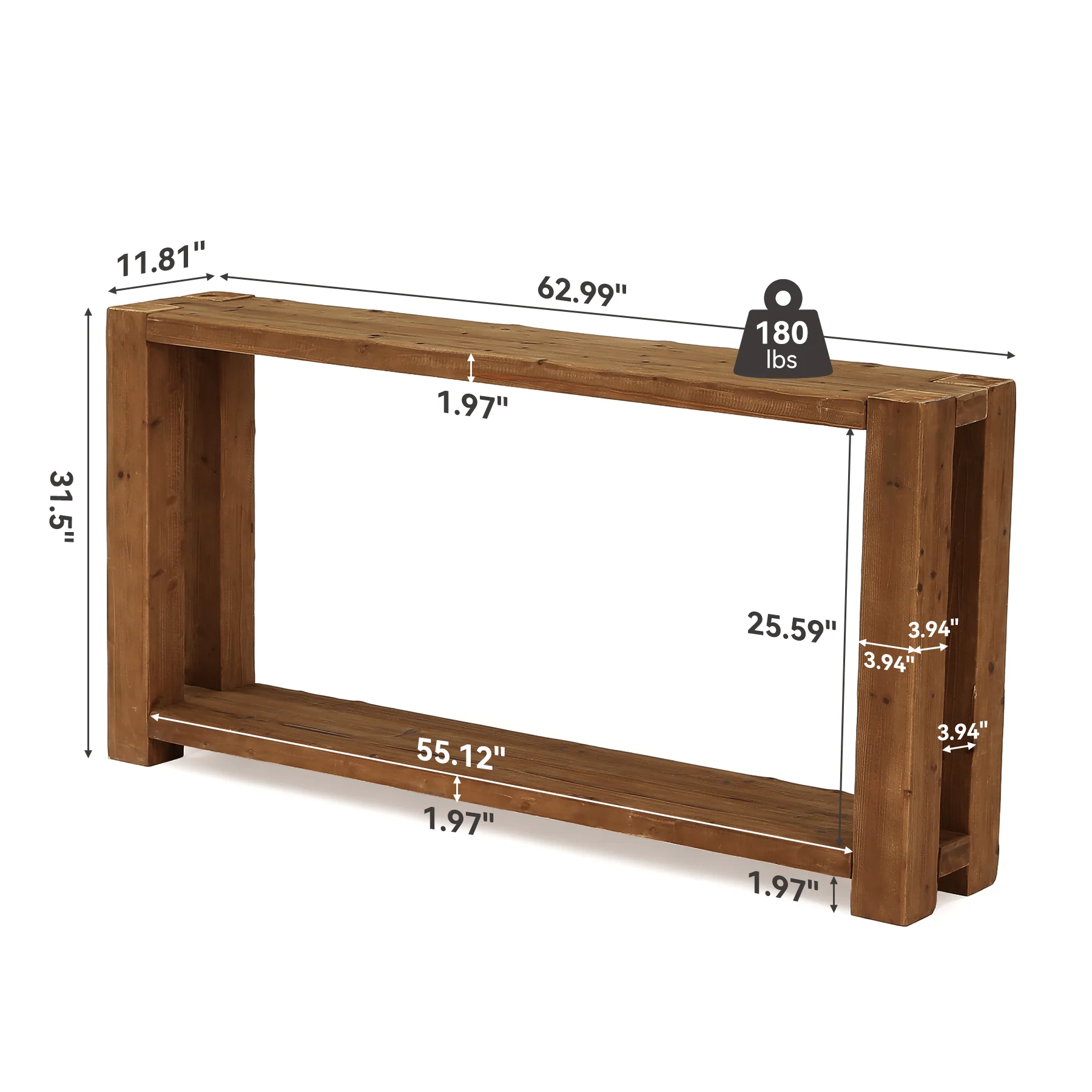 63" Solid Wood Console Table with Storage Shelf, Farmhouse Entryway Sofa Table for Hallway & Living Room - Image 2