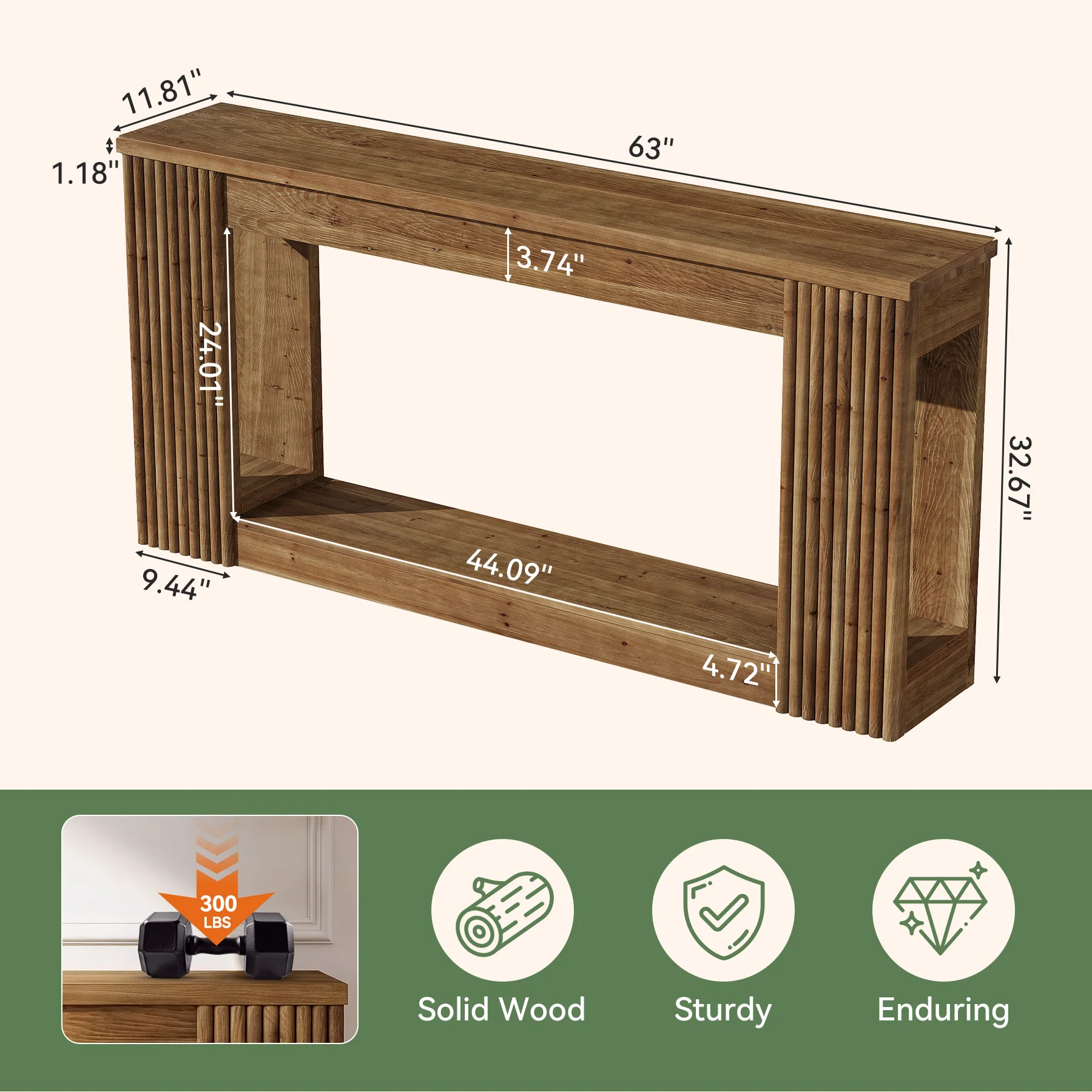 63" Solid Wood Console Table with Storage Shelf, Farmhouse Entryway Table with Fluted Legs - Image 2