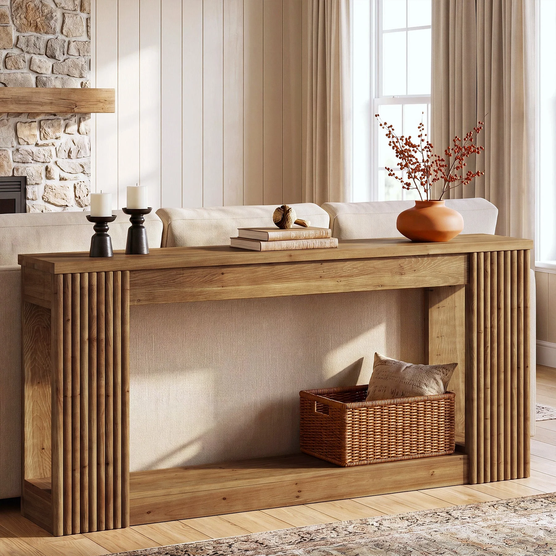 63" Solid Wood Console Table with Storage Shelf, Farmhouse Entryway Table with Fluted Legs - Image 3