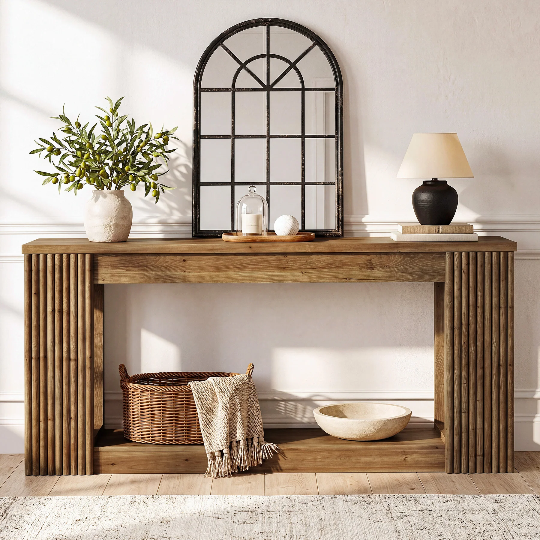 63" Solid Wood Console Table with Storage Shelf, Farmhouse Entryway Table with Fluted Legs - Image 4