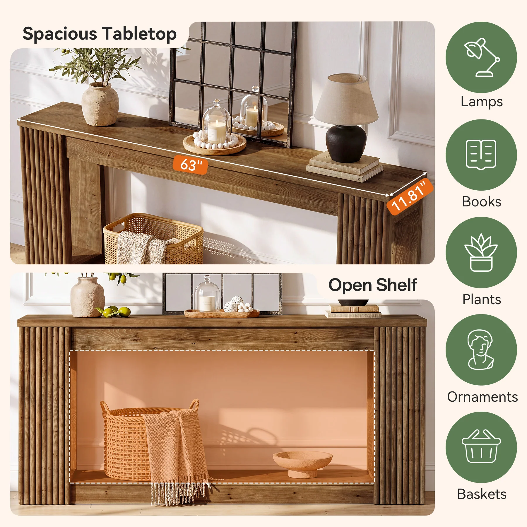 63" Solid Wood Console Table with Storage Shelf, Farmhouse Entryway Table with Fluted Legs - Image 5