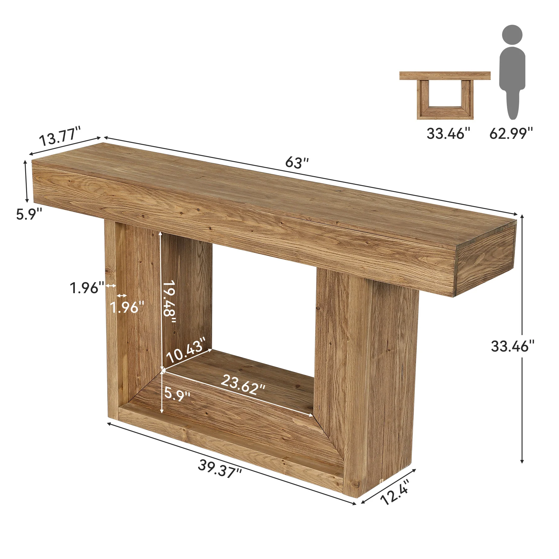 63" Solid Wood Console Table with U-Shaped Base, Farmhouse Narrow Entryway Table with Open Storage Shelf - Image 2