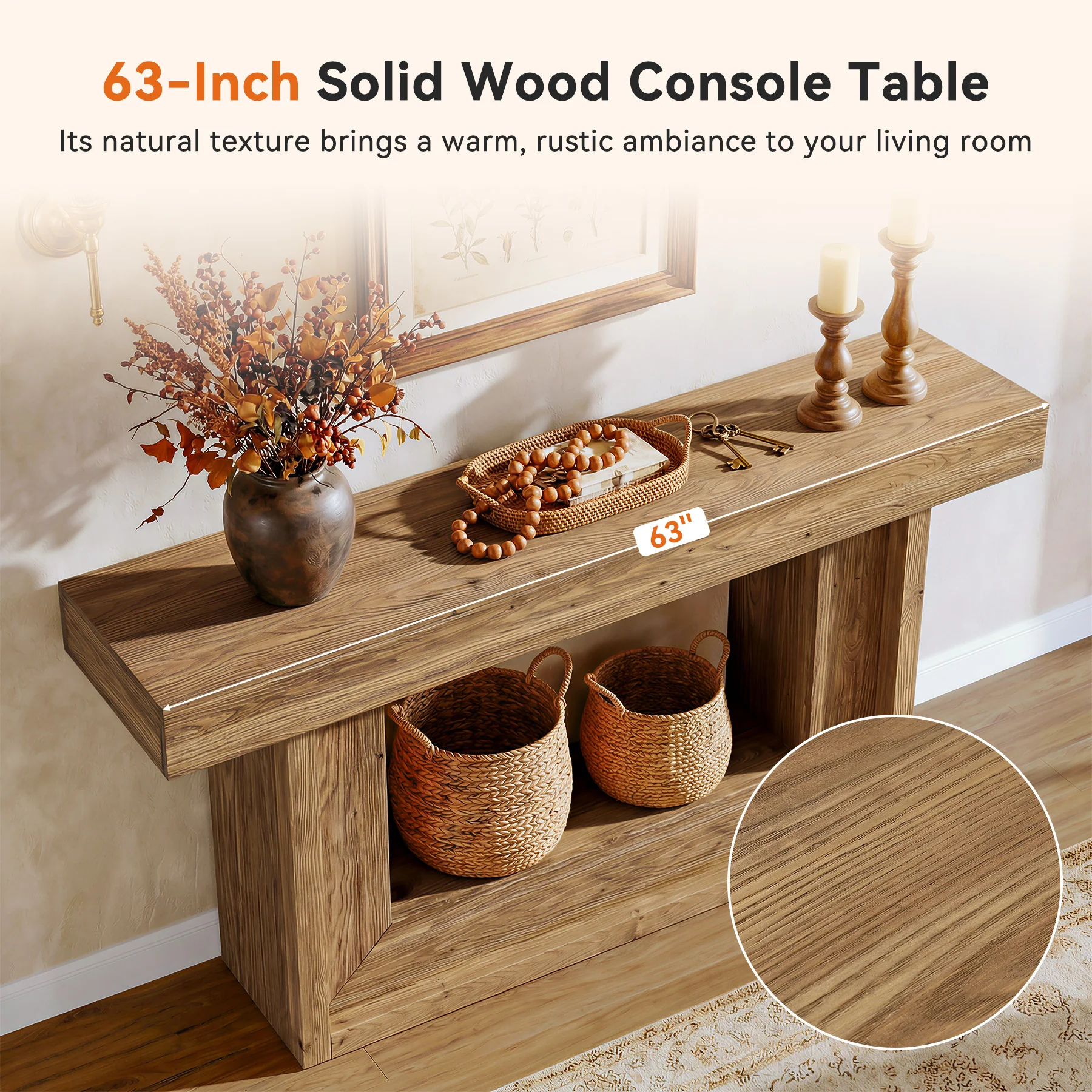 63" Solid Wood Console Table with U-Shaped Base, Farmhouse Narrow Entryway Table with Open Storage Shelf - Image 7