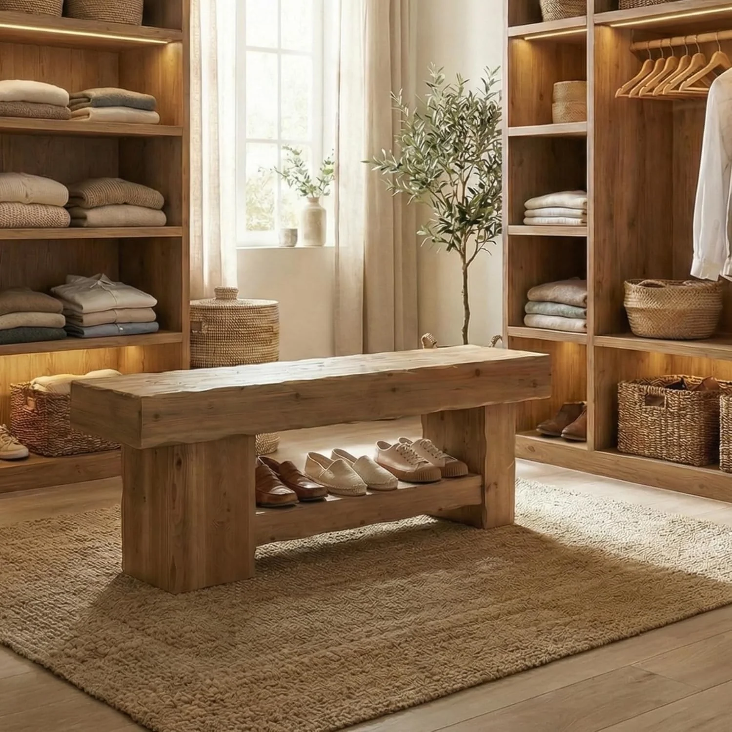 63" Solid Wood Dining Bench, Farmhouse Kitchen Table Bench with Storage Shelf - Image 6