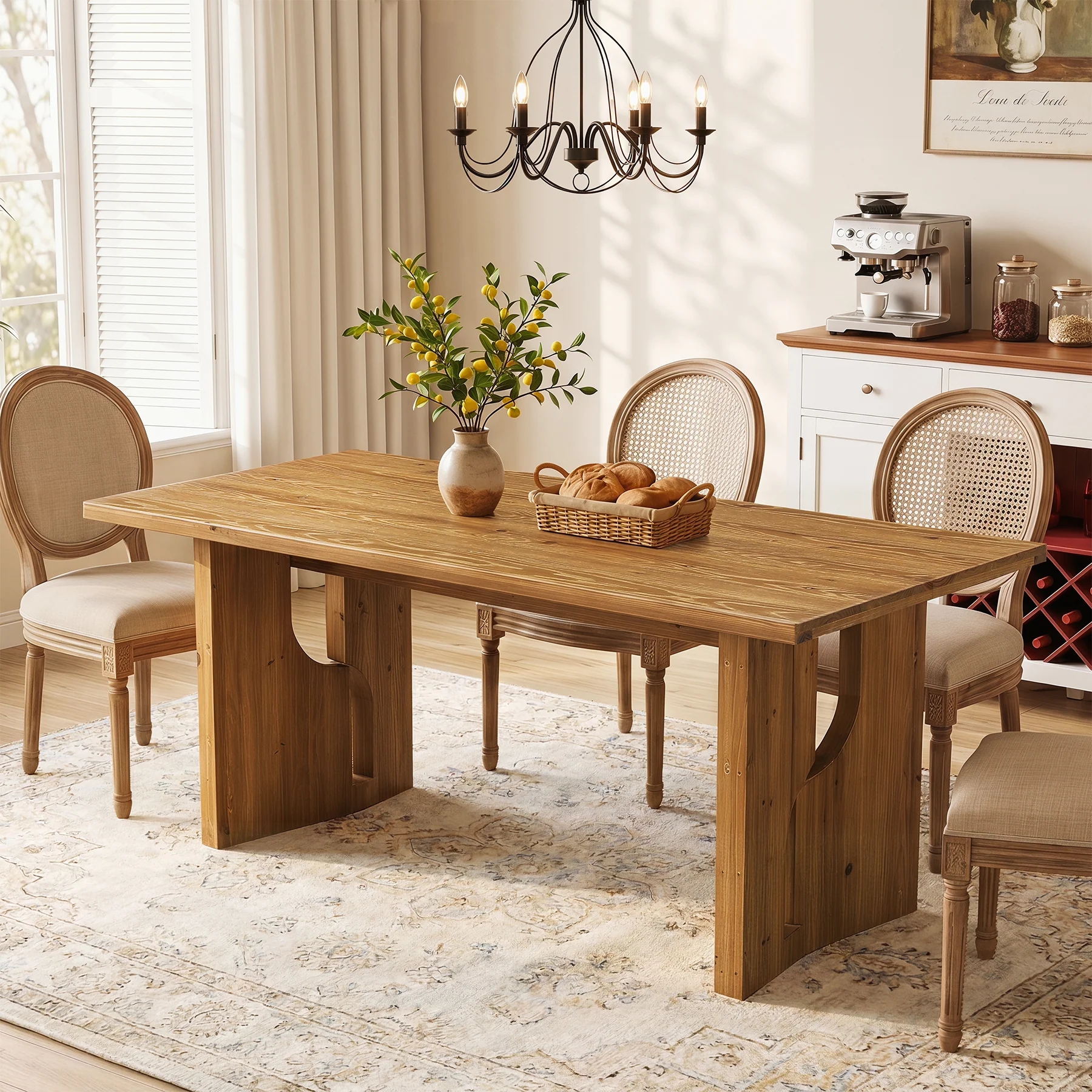 63" Solid Wood Dining Table for 4-6, Farmhouse Kitchen Table with Cutout Bases - Image 3