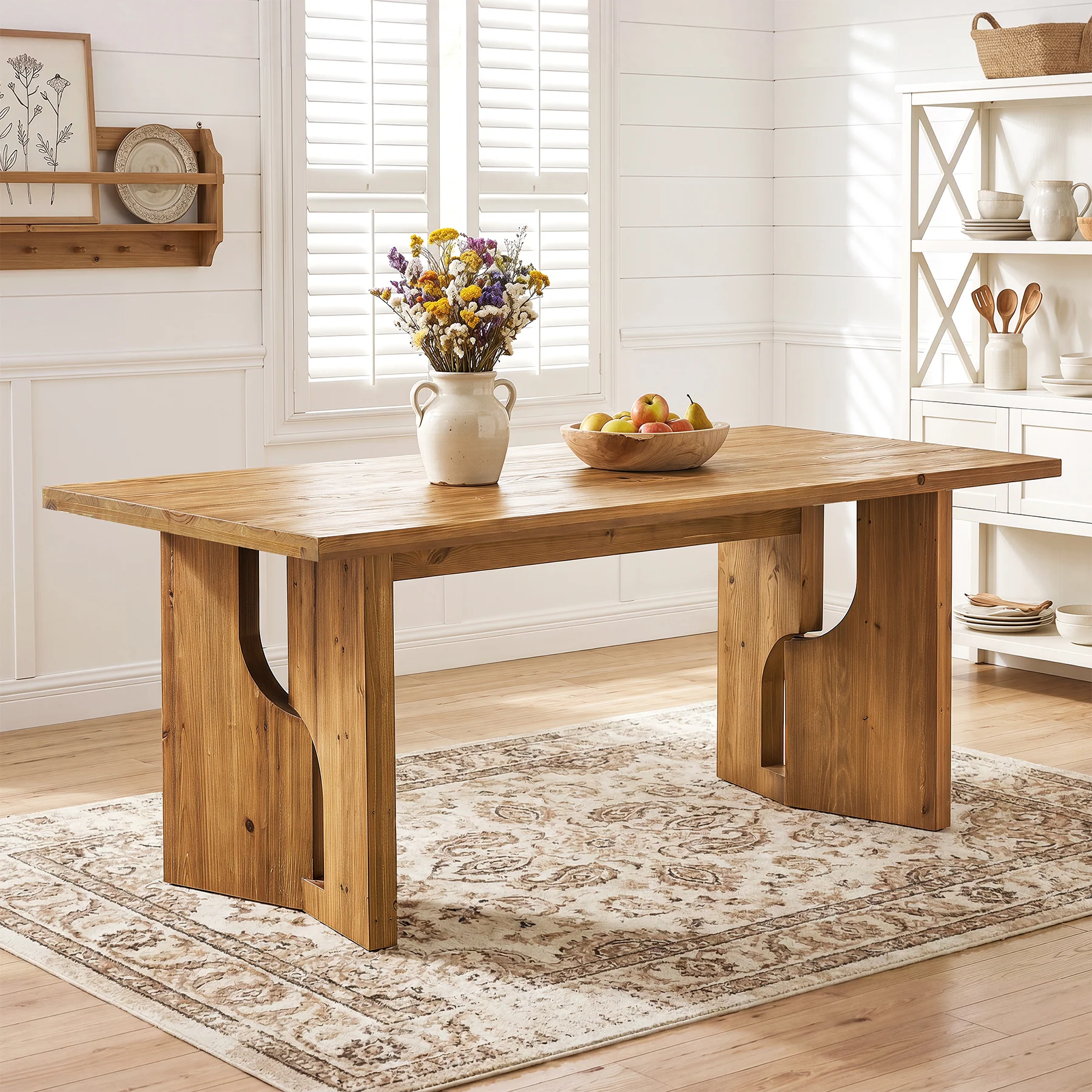 63" Solid Wood Dining Table for 4-6, Farmhouse Kitchen Table with Cutout Bases - Image 4