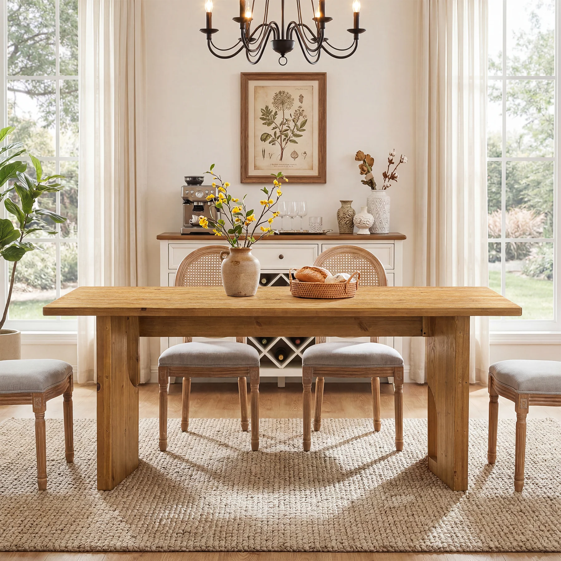 63" Solid Wood Dining Table for 4-6, Farmhouse Kitchen Table with Cutout Bases - Image 5