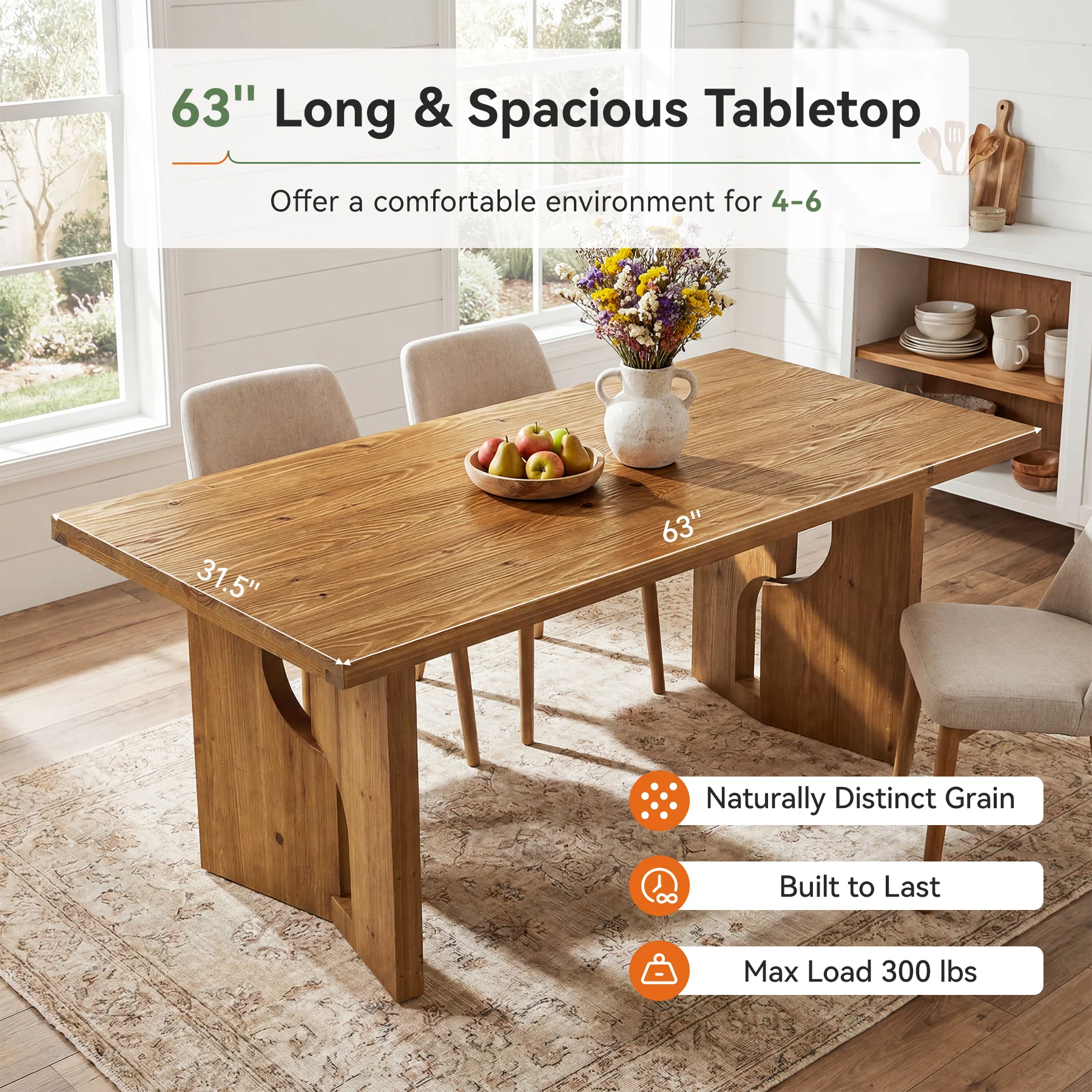 63" Solid Wood Dining Table for 4-6, Farmhouse Kitchen Table with Cutout Bases - Image 6