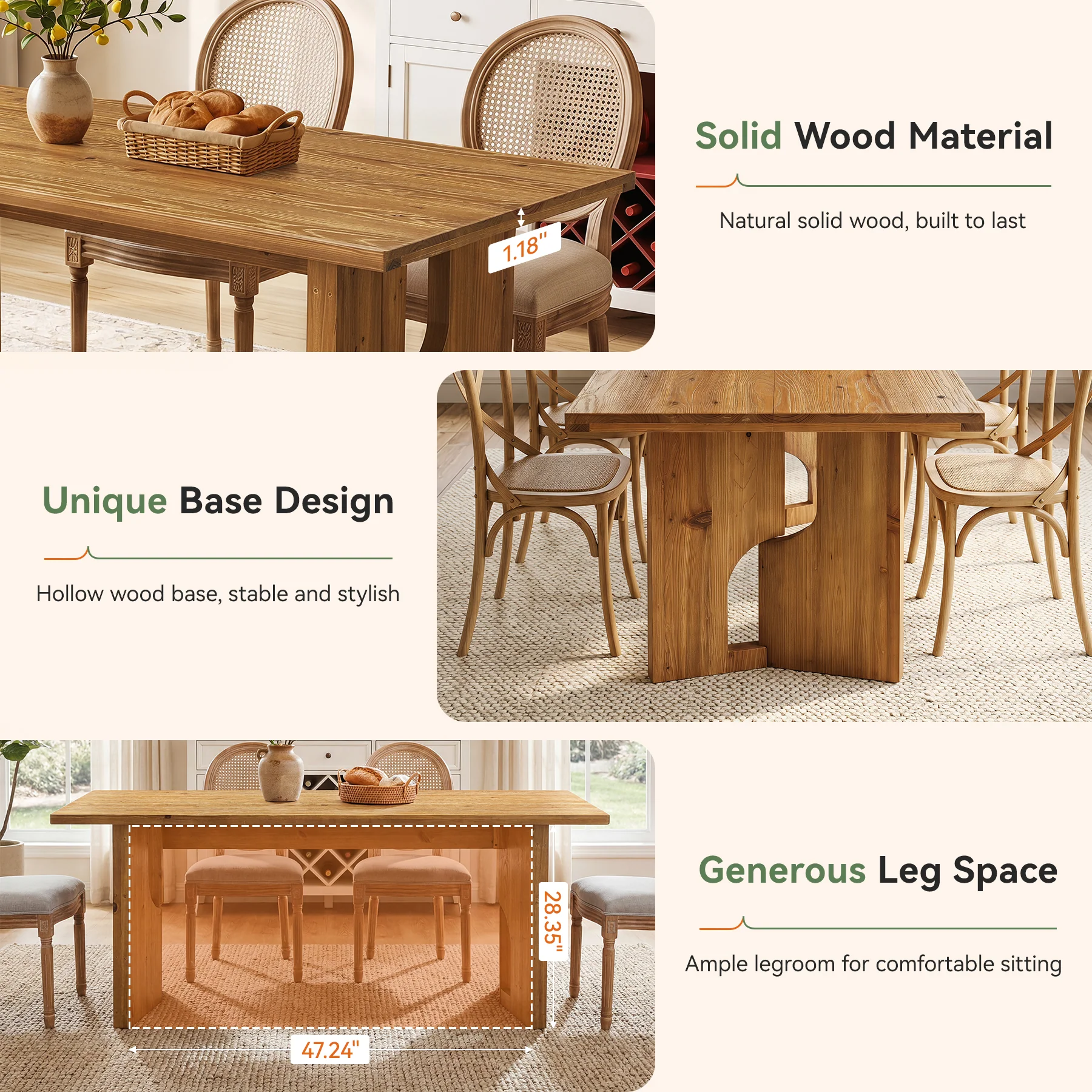 63" Solid Wood Dining Table for 4-6, Farmhouse Kitchen Table with Cutout Bases - Image 7
