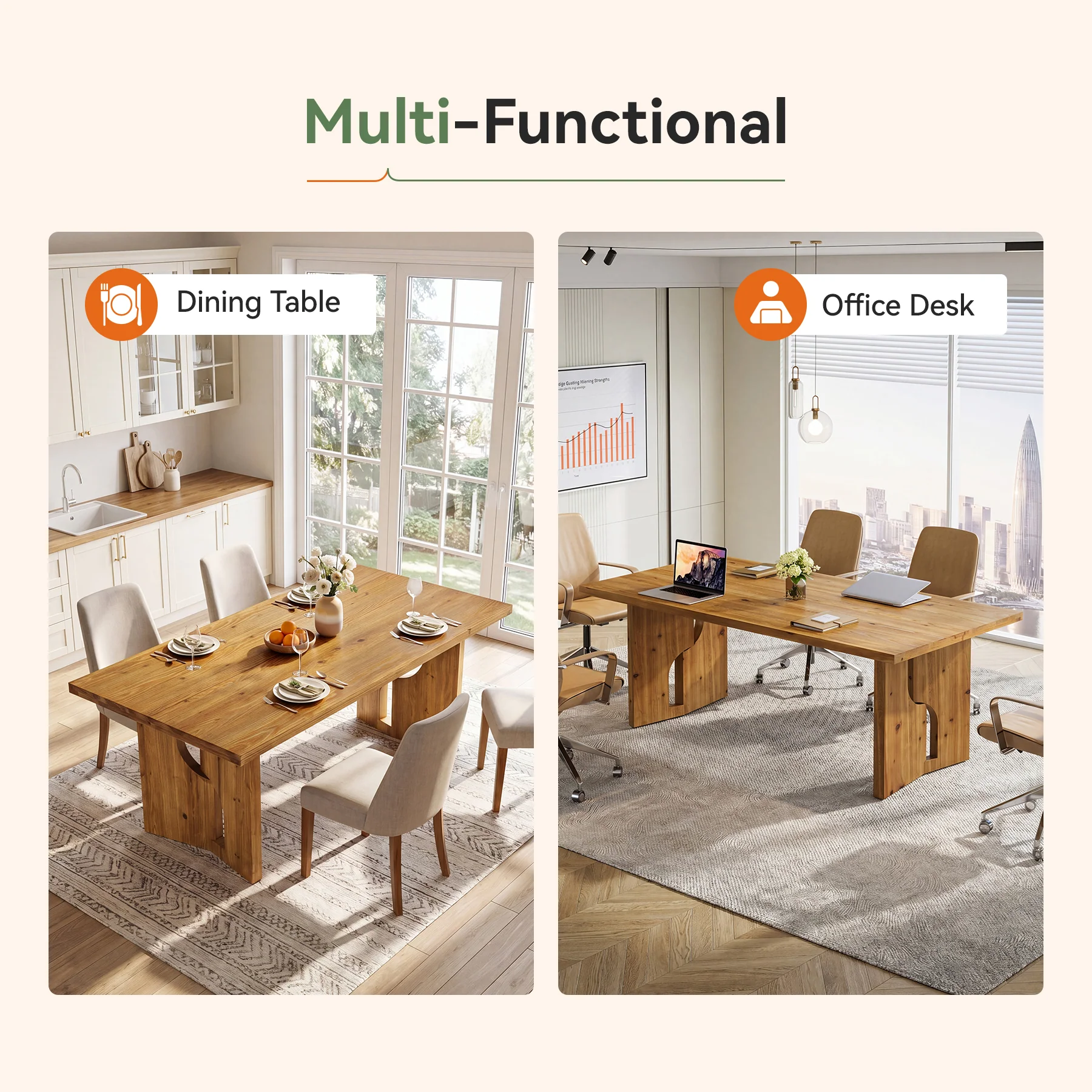 63" Solid Wood Dining Table for 4-6, Farmhouse Kitchen Table with Cutout Bases - Image 9
