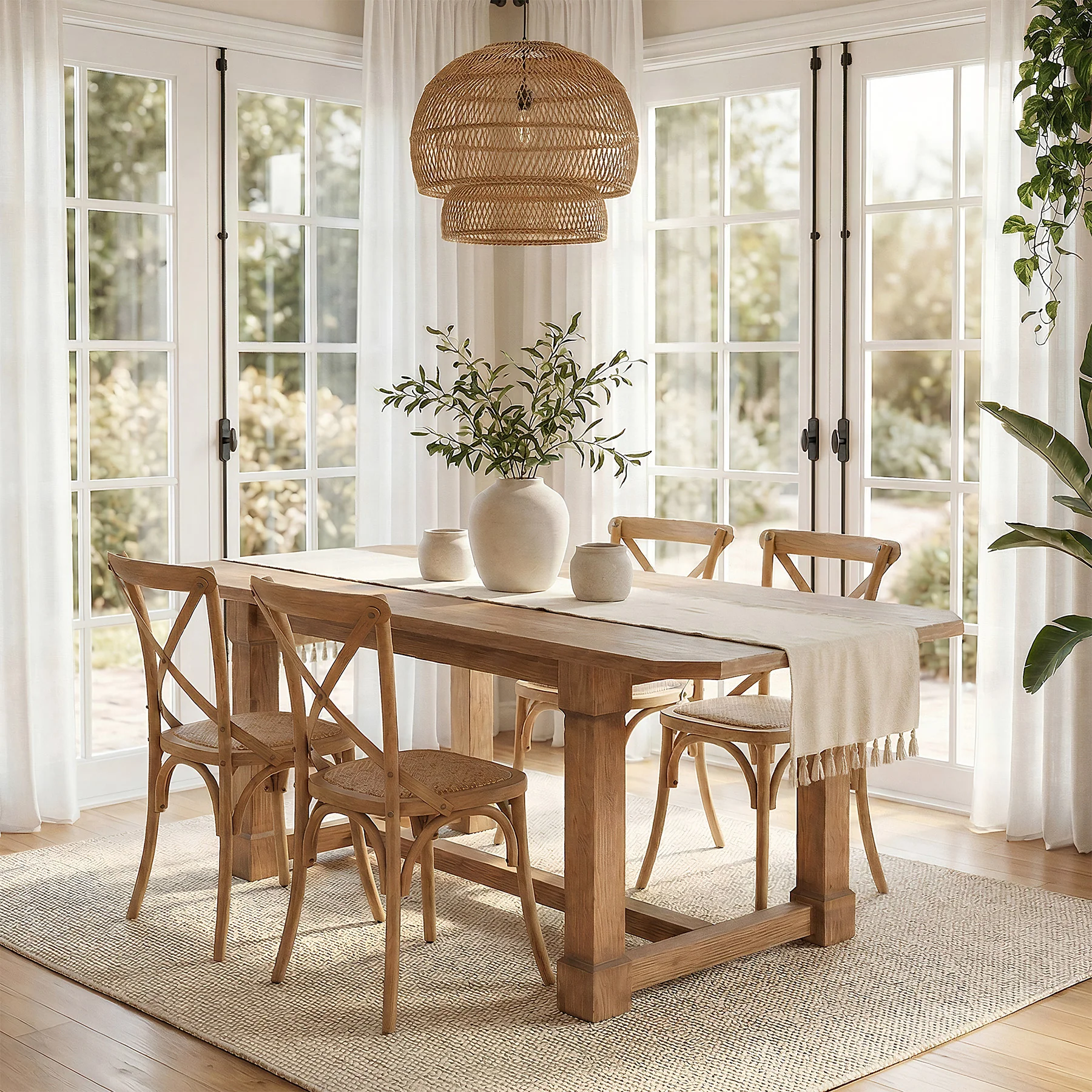 63" Solid Wood Dining Table for 4–6, Farmhouse Rectangular Kitchen Table with Heavy-Duty Legs & Crossbar Support