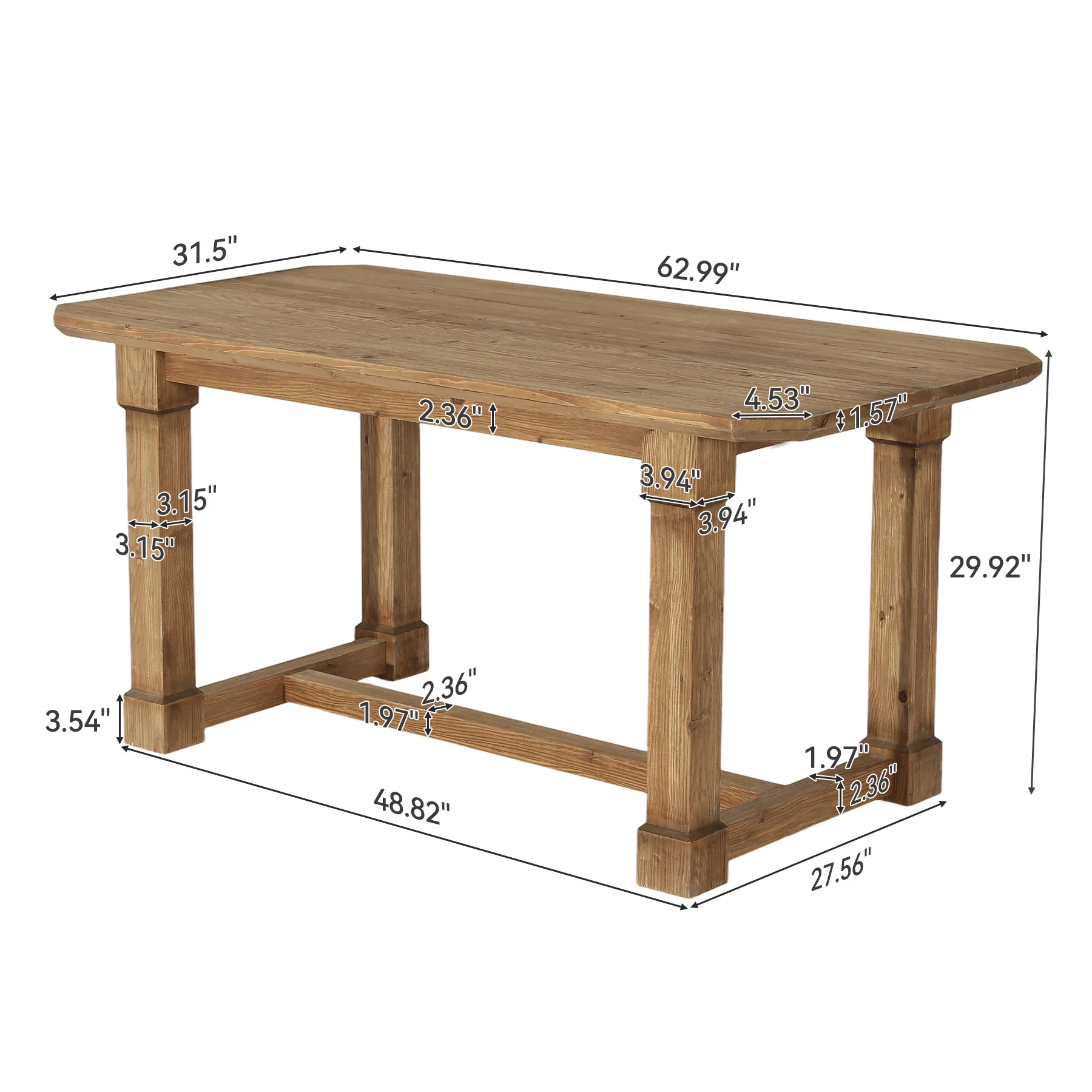 63" Solid Wood Dining Table for 4–6, Farmhouse Rectangular Kitchen Table with Heavy-Duty Legs & Crossbar Support - Image 2