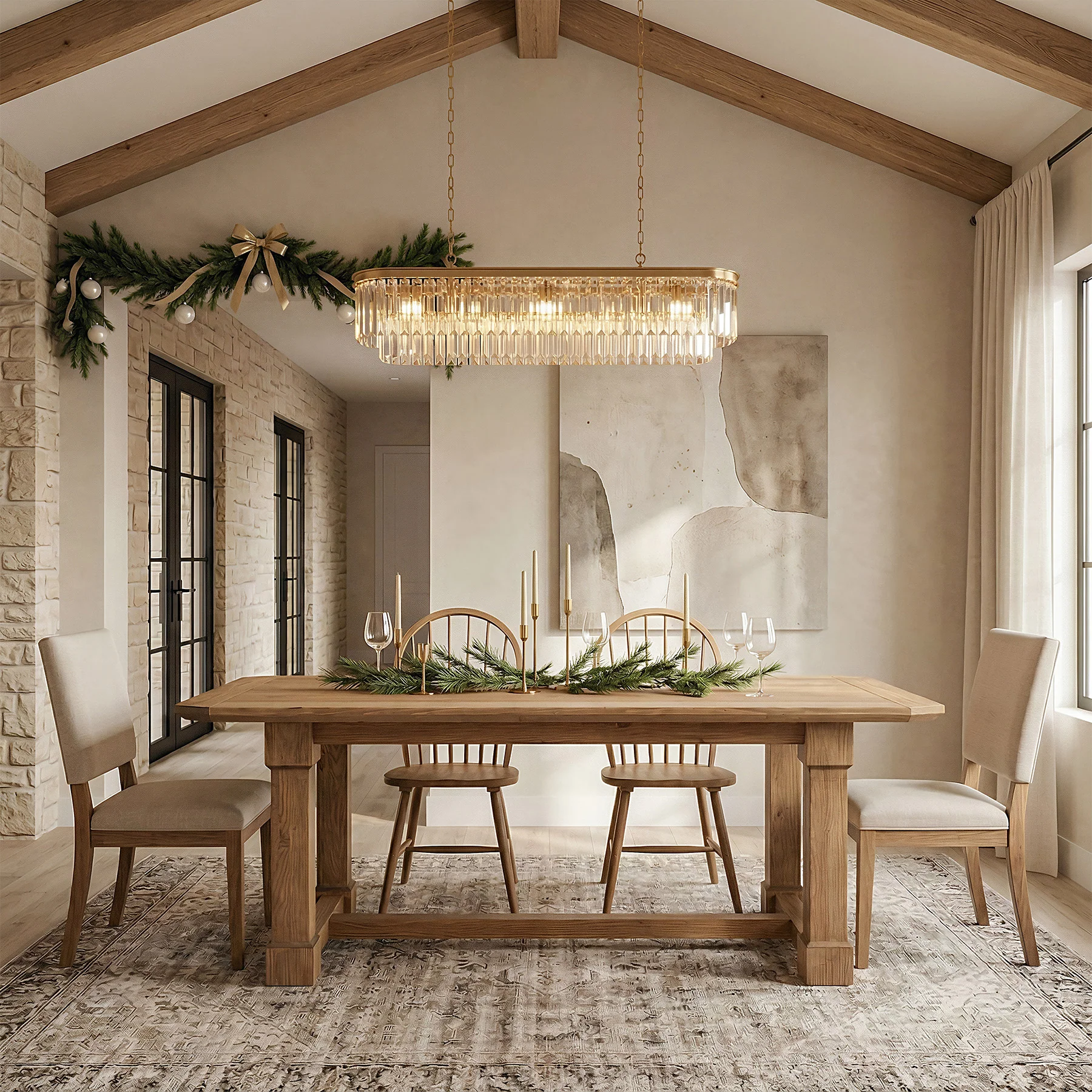 63" Solid Wood Dining Table for 4–6, Farmhouse Rectangular Kitchen Table with Heavy-Duty Legs & Crossbar Support - Image 5