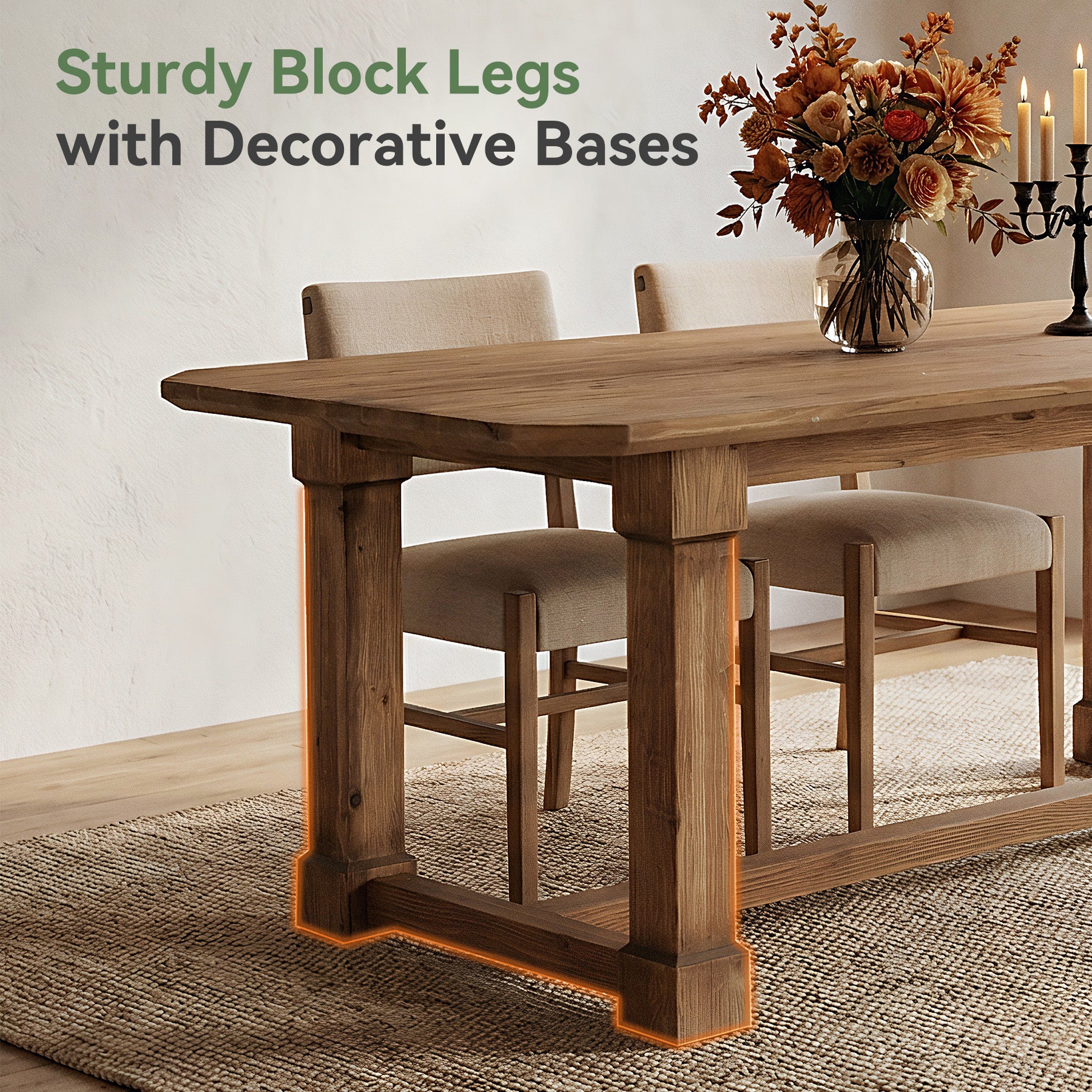 63" Solid Wood Dining Table for 4–6, Farmhouse Rectangular Kitchen Table with Heavy-Duty Legs & Crossbar Support - Image 7