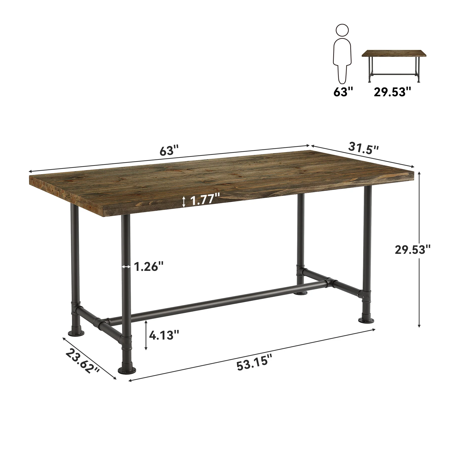 63" Solid Wood Dining Table for 4-6, Industrial Kitchen Table with Metal Footrest - Image 2