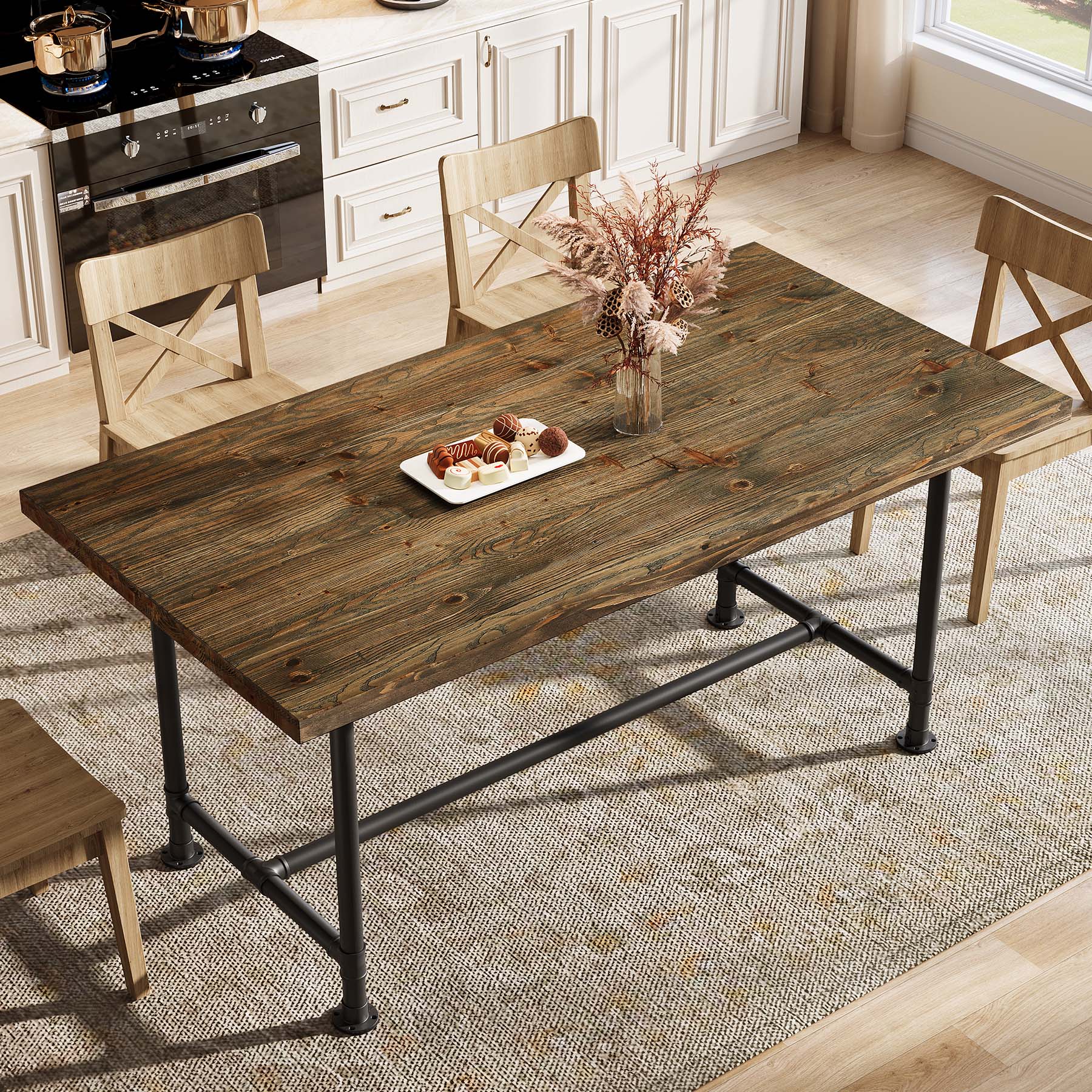 63" Solid Wood Dining Table for 4-6, Industrial Kitchen Table with Metal Footrest - Image 4