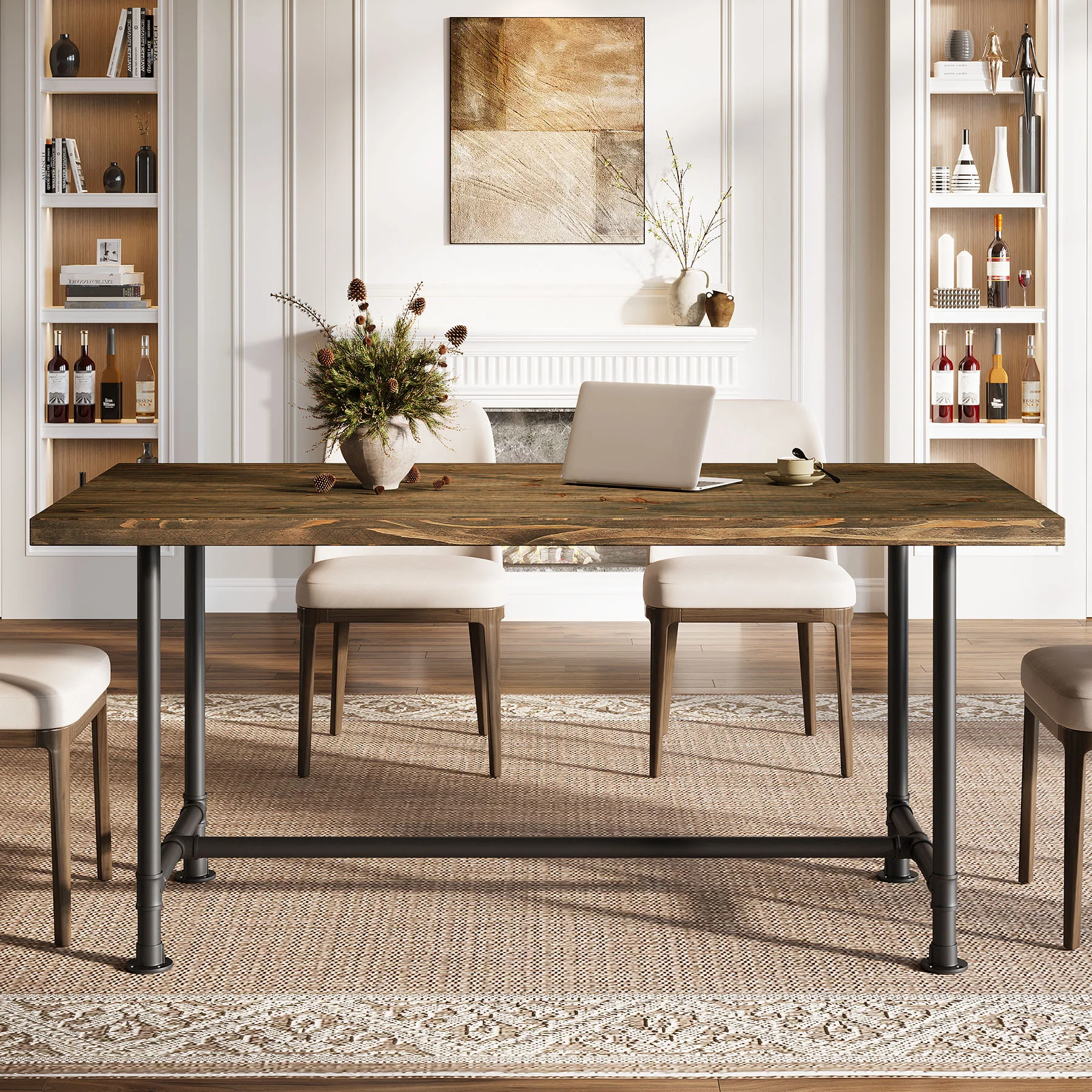 63" Solid Wood Dining Table for 4-6, Industrial Kitchen Table with Metal Footrest - Image 5