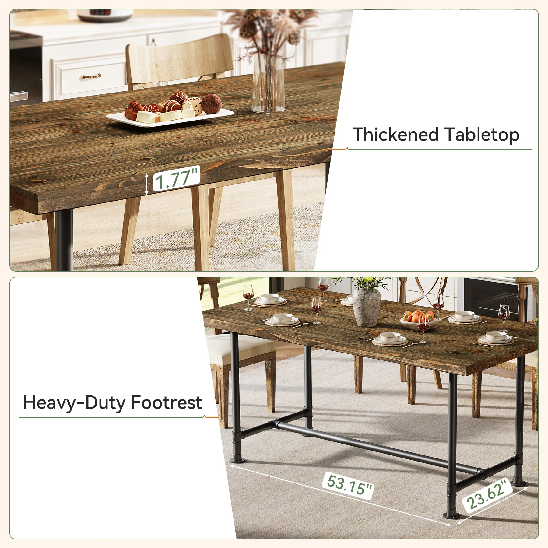 63" Solid Wood Dining Table for 4-6, Industrial Kitchen Table with Metal Footrest - Image 6