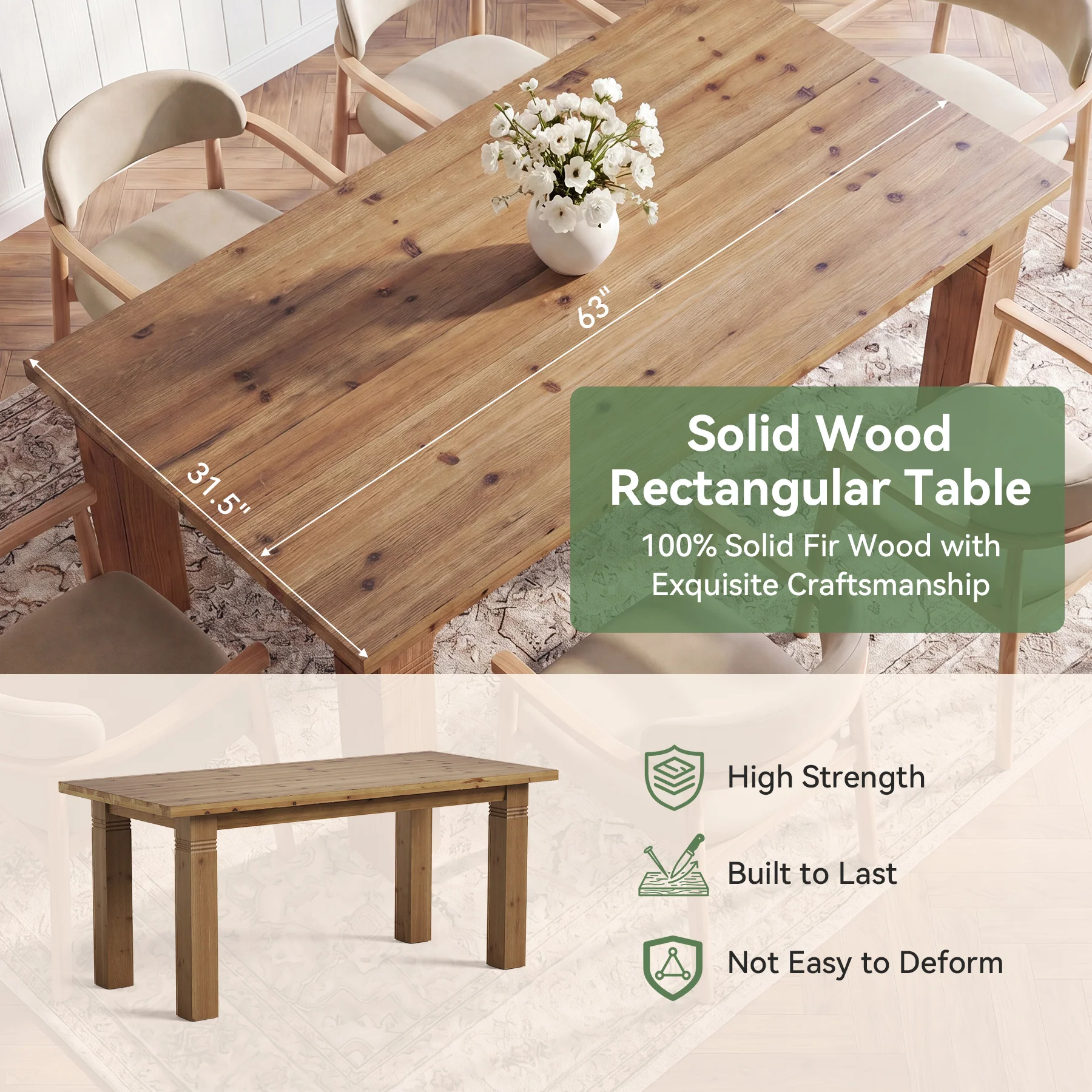 63" Solid Wood Dining Table for 4-6 People, Rectangular Kitchen Tables with Sturdy Legs - Image 7