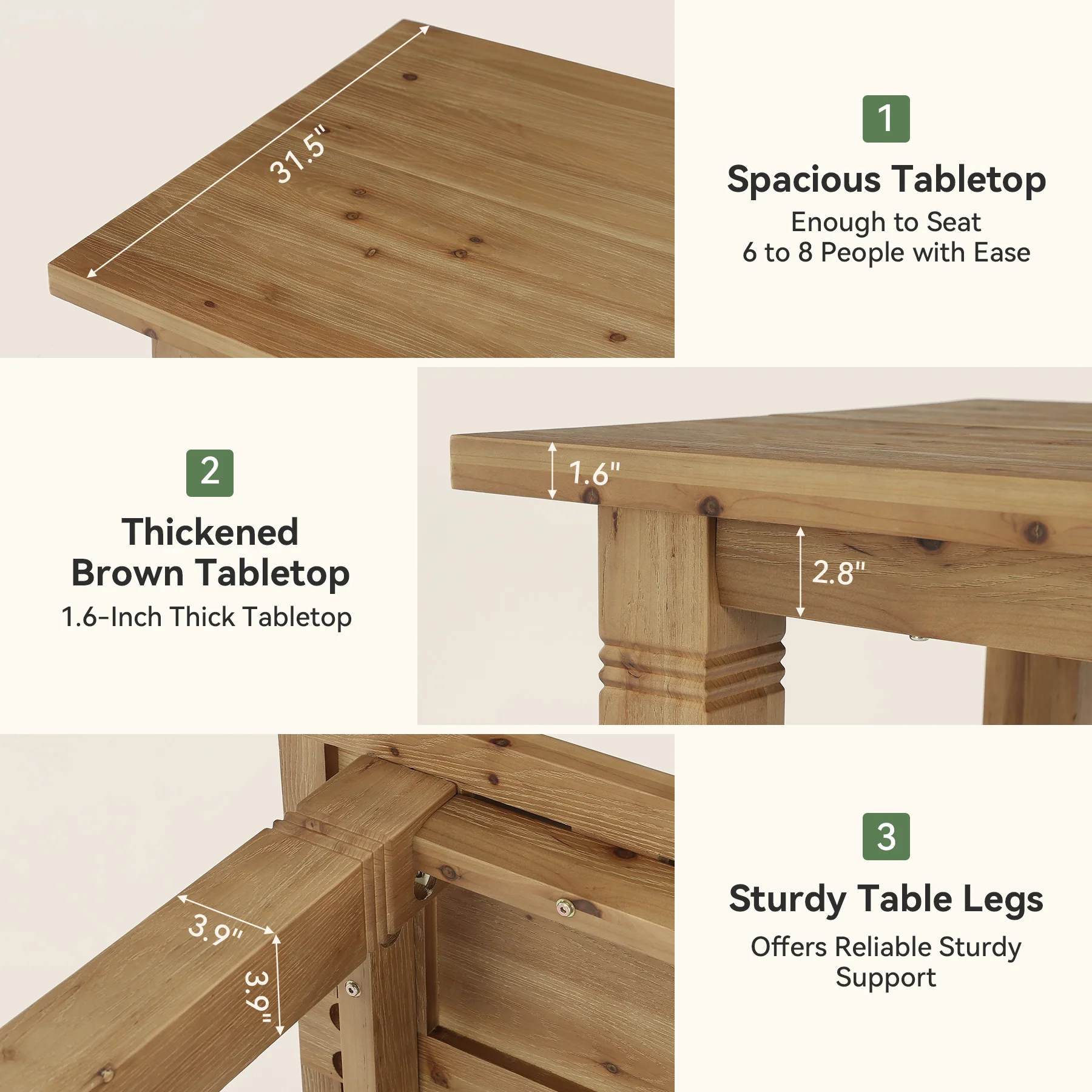 63" Solid Wood Dining Table for 4-6 People, Rectangular Kitchen Tables with Sturdy Legs - Image 8
