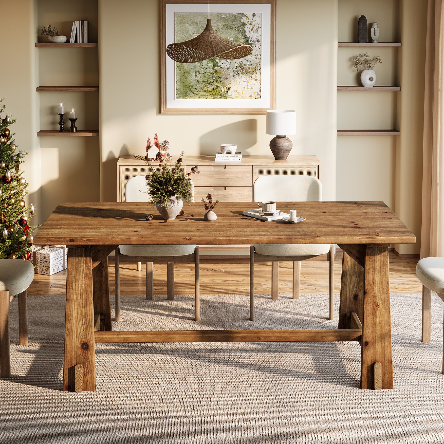 63" Solid Wood Dining Table for 4-6 People, Rustic Farmhouse Kitchen & Dining Room Table - Image 3