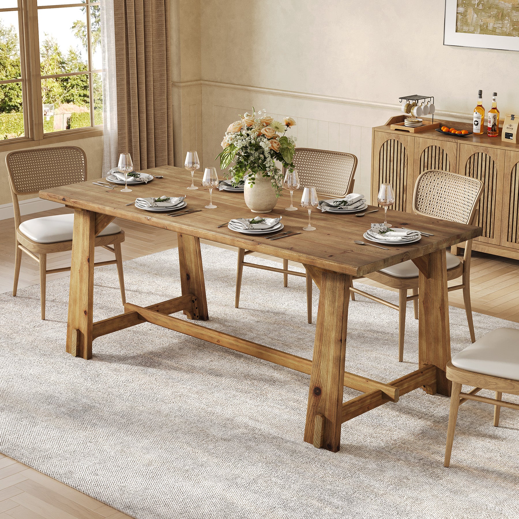 63" Solid Wood Dining Table for 4-6 People, Rustic Farmhouse Kitchen & Dining Room Table - Image 4
