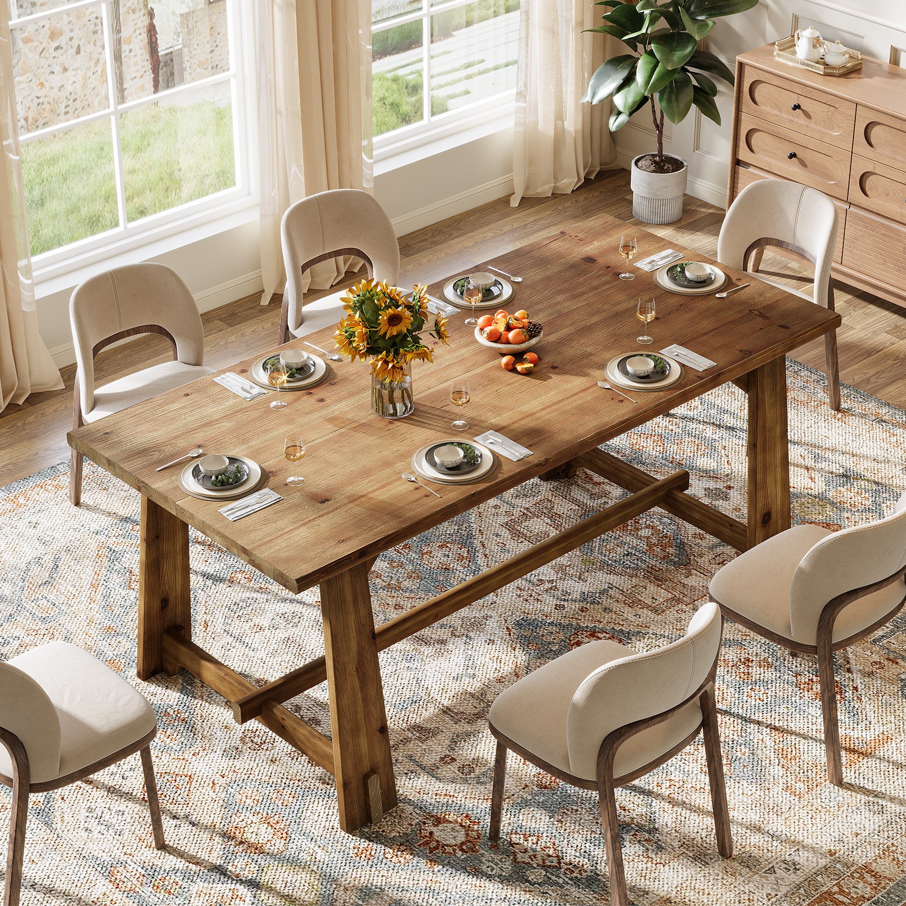 63" Solid Wood Dining Table for 4-6 People, Rustic Farmhouse Kitchen & Dining Room Table - Image 5