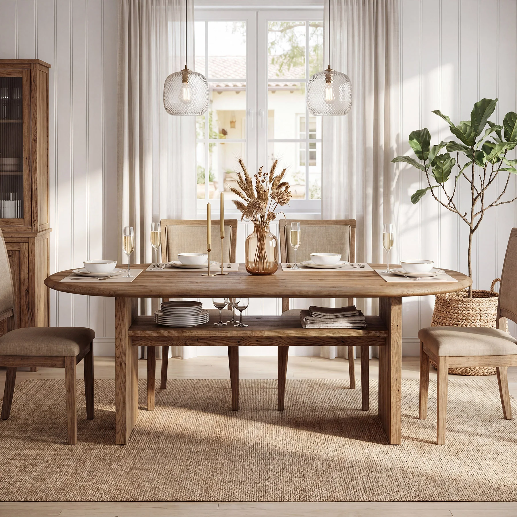 63" Solid Wood Dining Table for 6, Oval Kitchen Table with Storage for Dining Room - Image 6