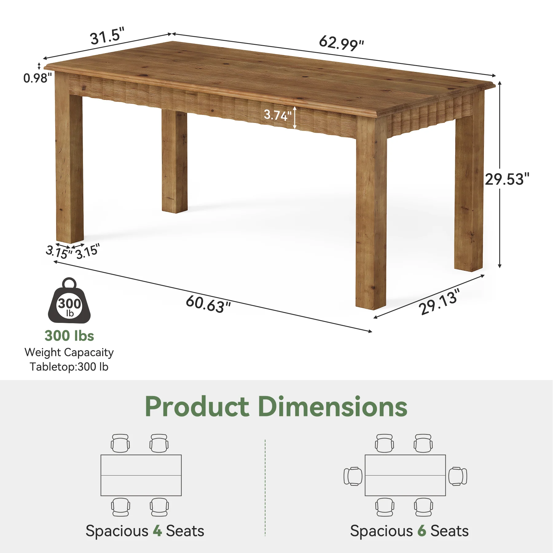 Solid Wood Computer Desk, 63 Inch Home Office Desk with Sturdy Wood Legs - Image 2
